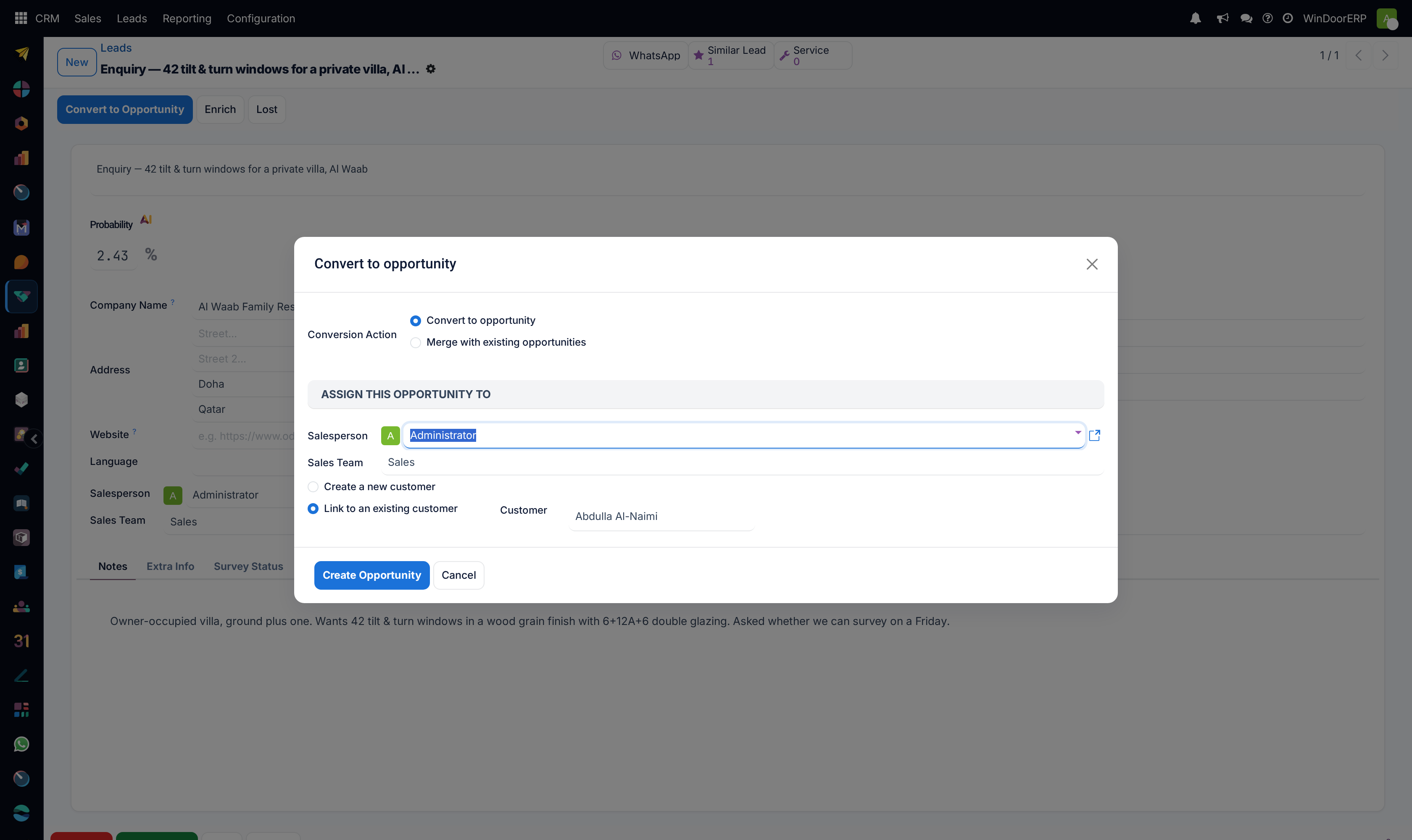 The Convert to Opportunity dialog with the conversion and customer choices