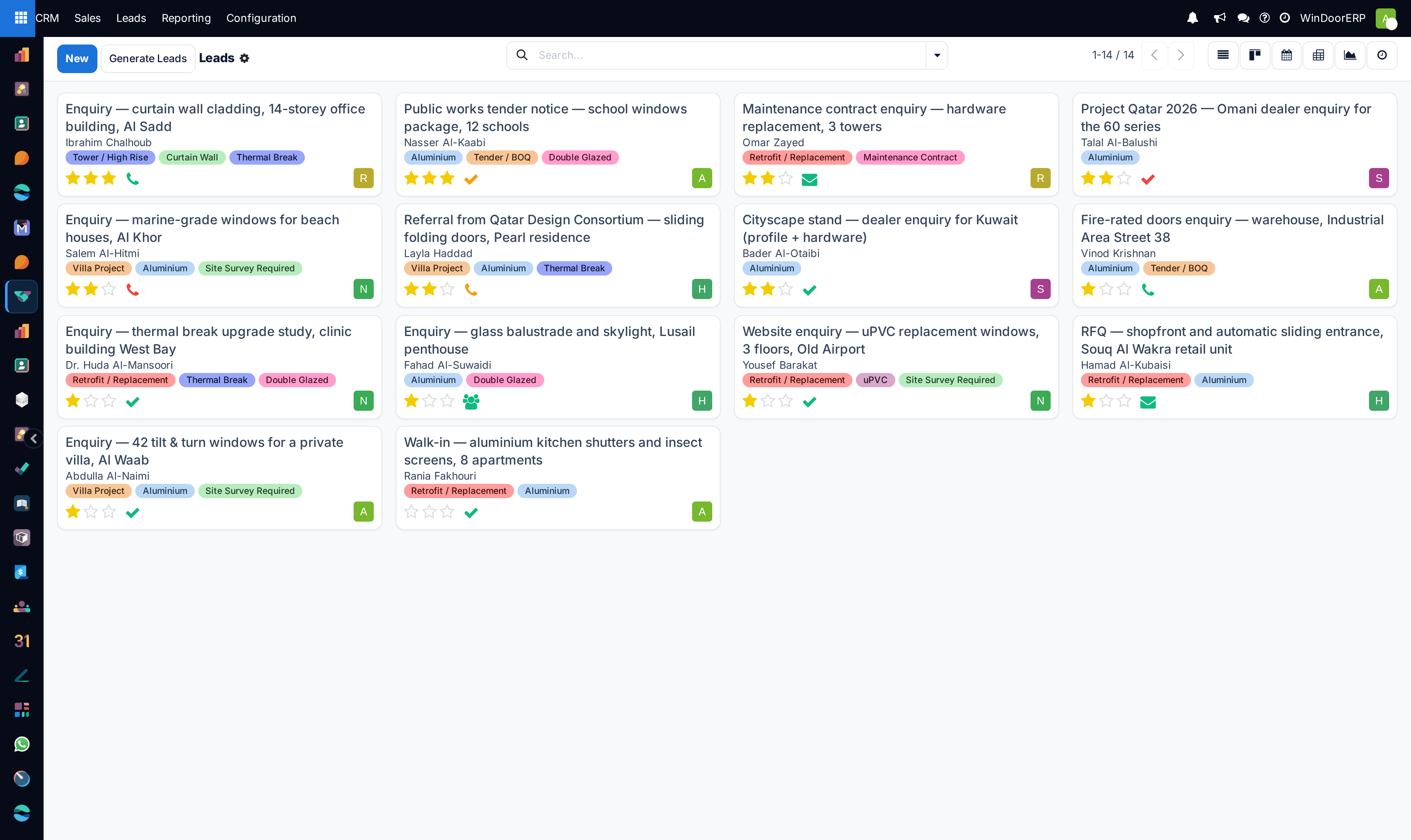 Sales pipeline kanban view in WindoorERP CRM
