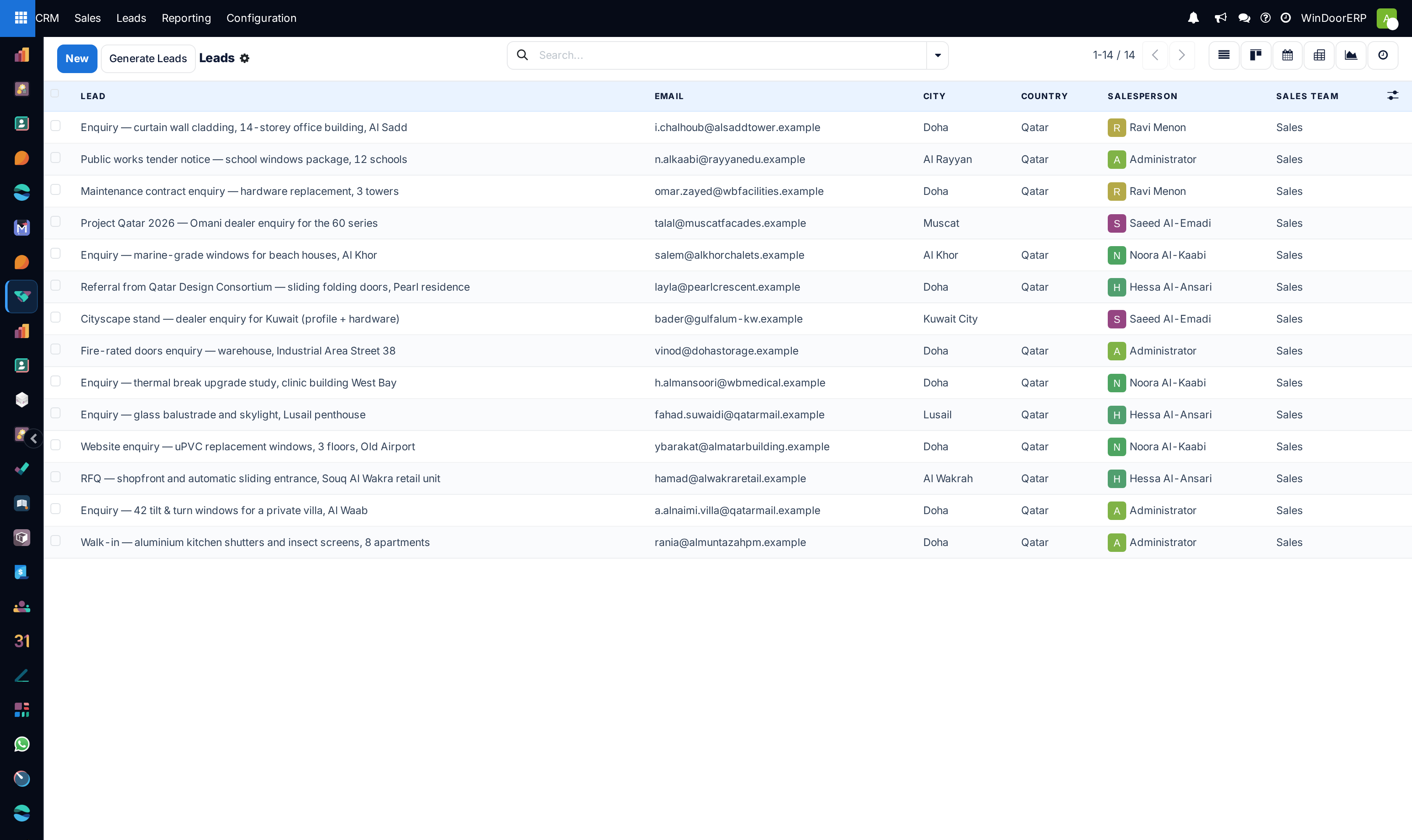 CRM leads list view with status and contact details