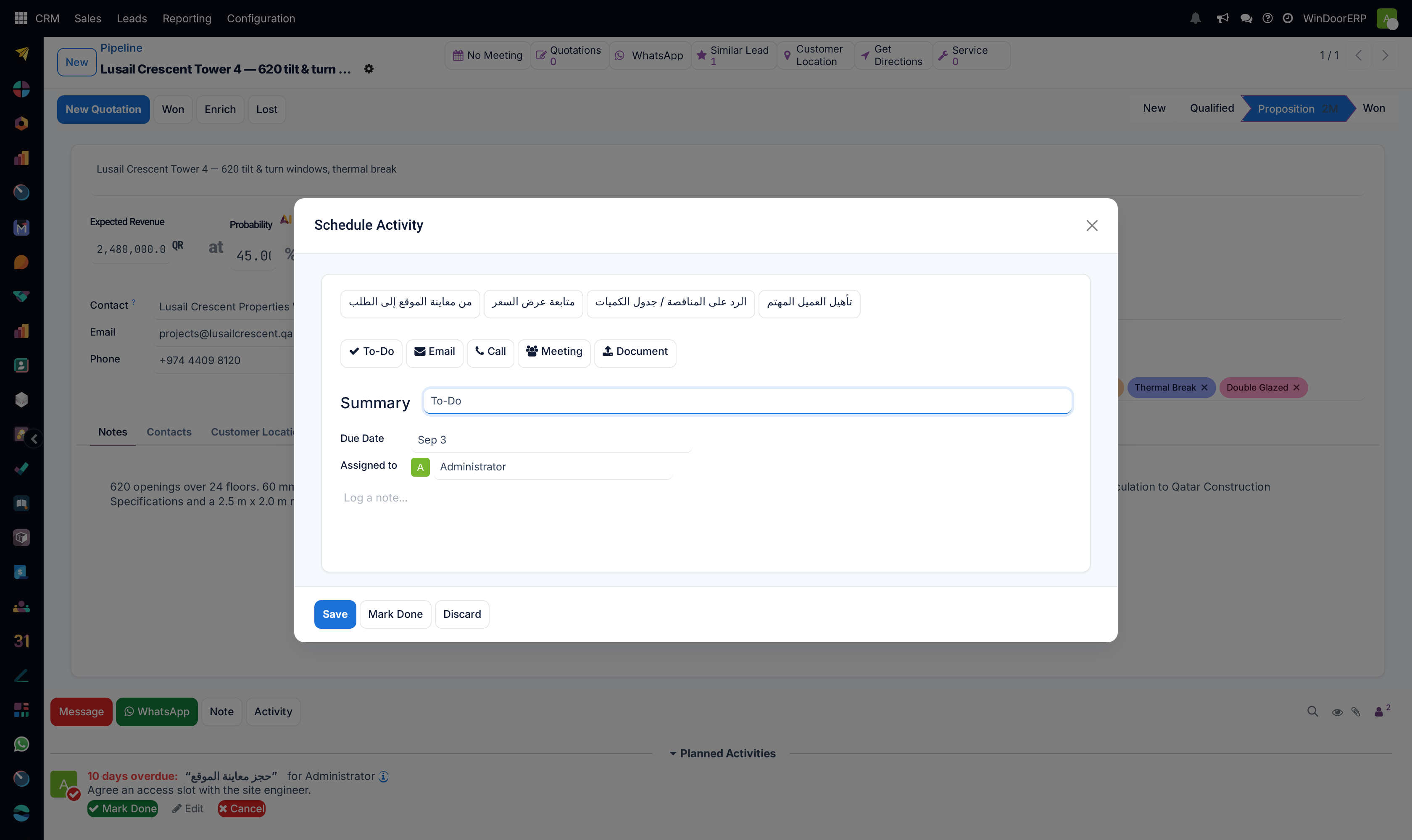 The Schedule Activity dialog: activity type, due date, assignee and summary