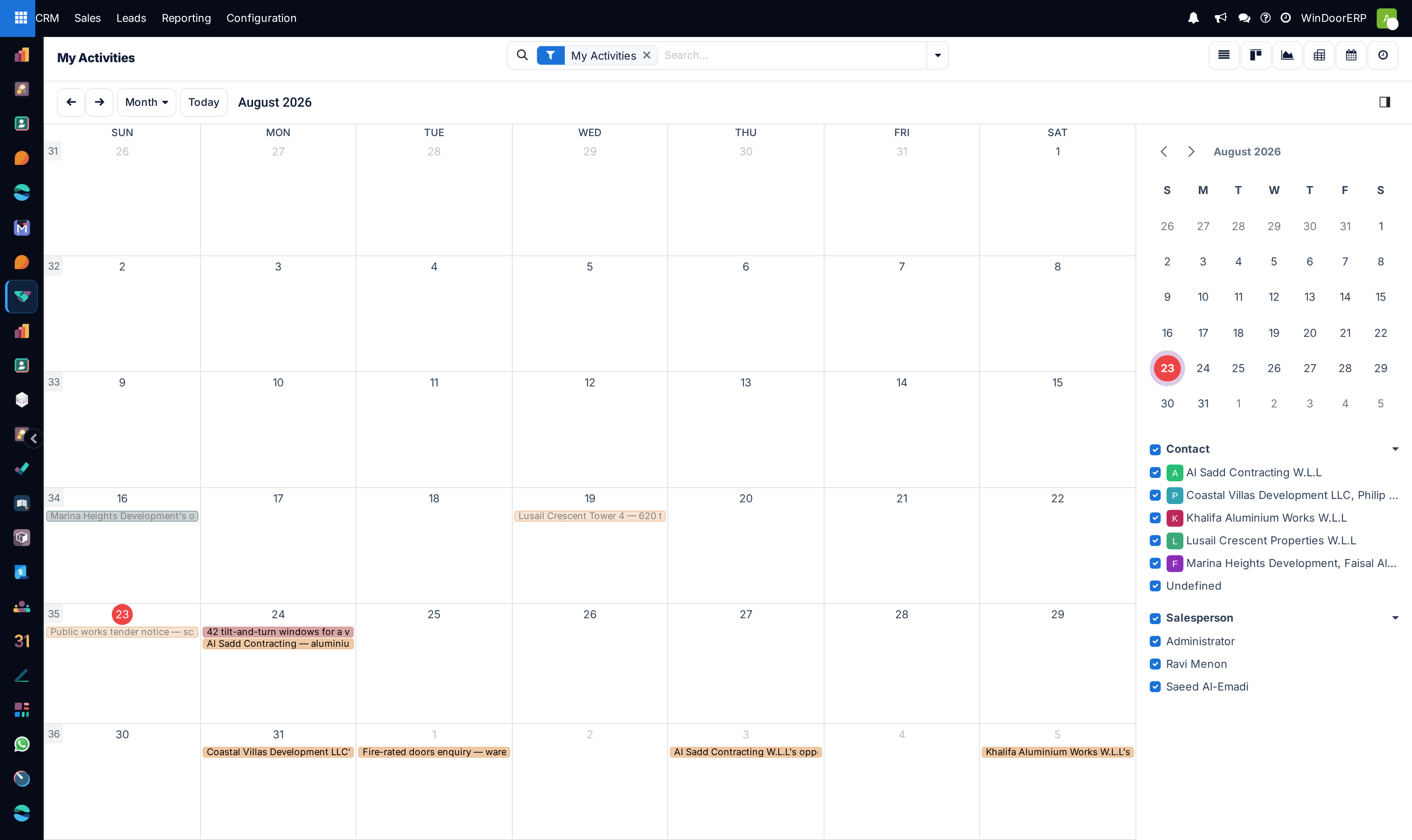 Sales team CRM activities calendar overview