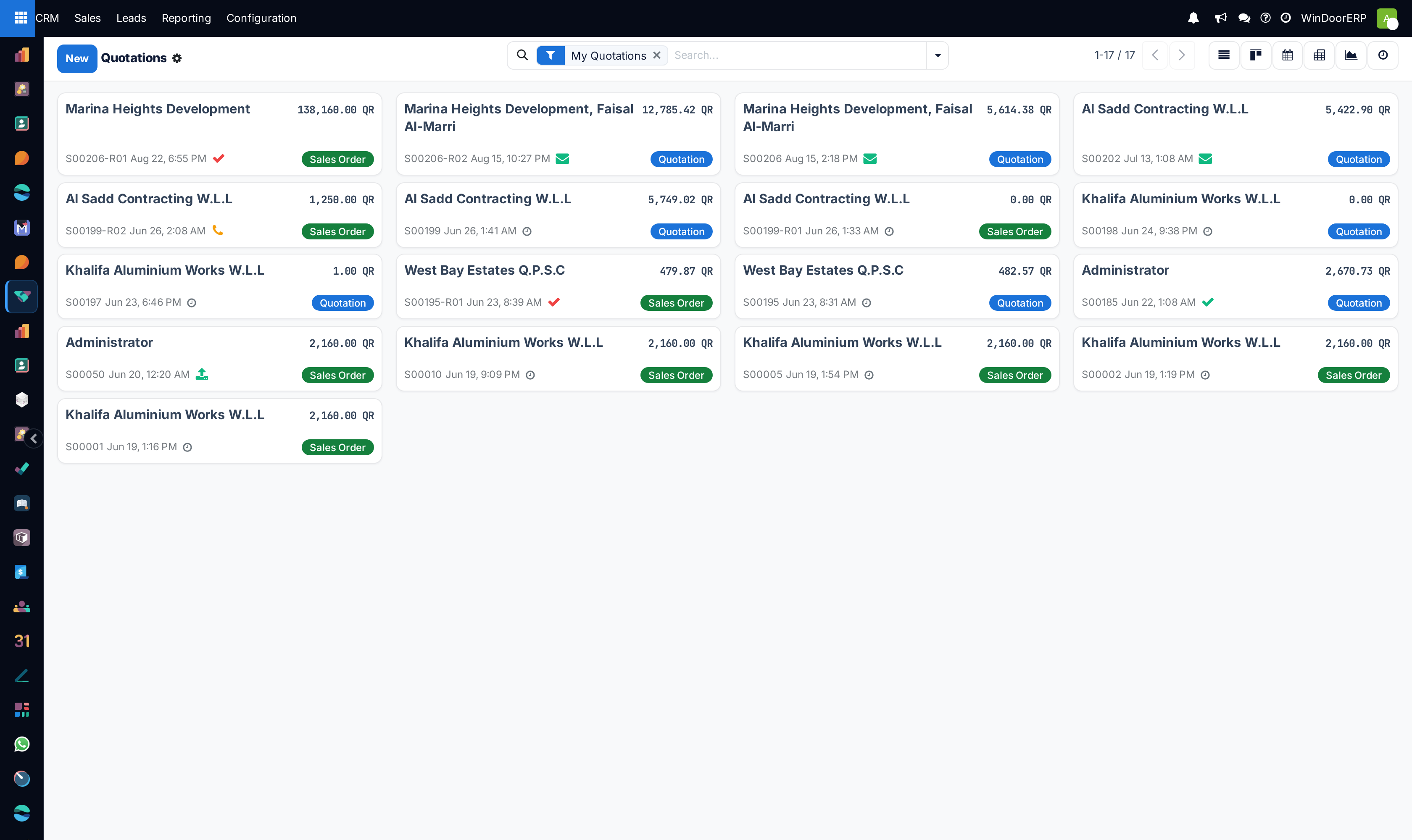 My quotations kanban view by status