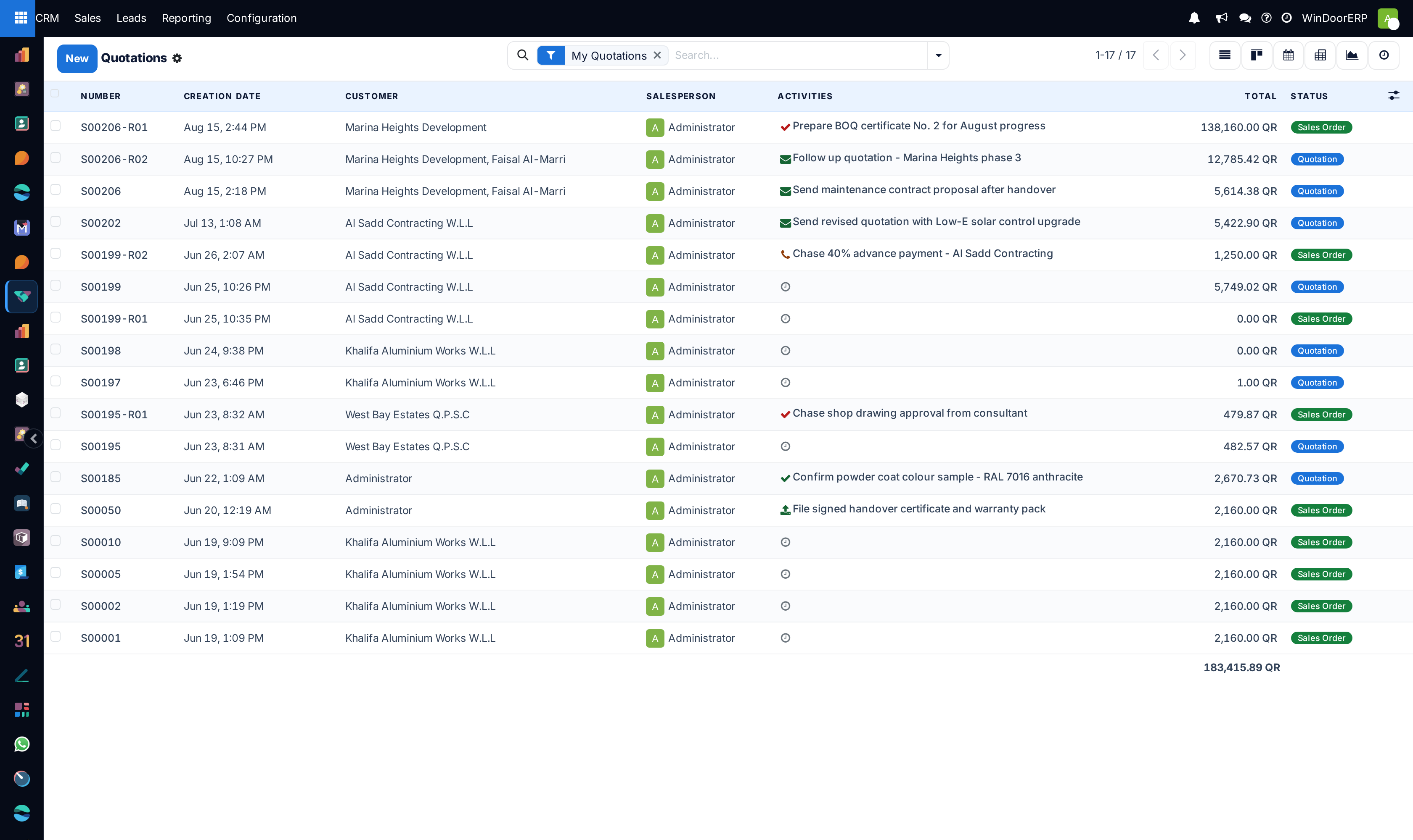 Quotations list view with customer, total amount, and state