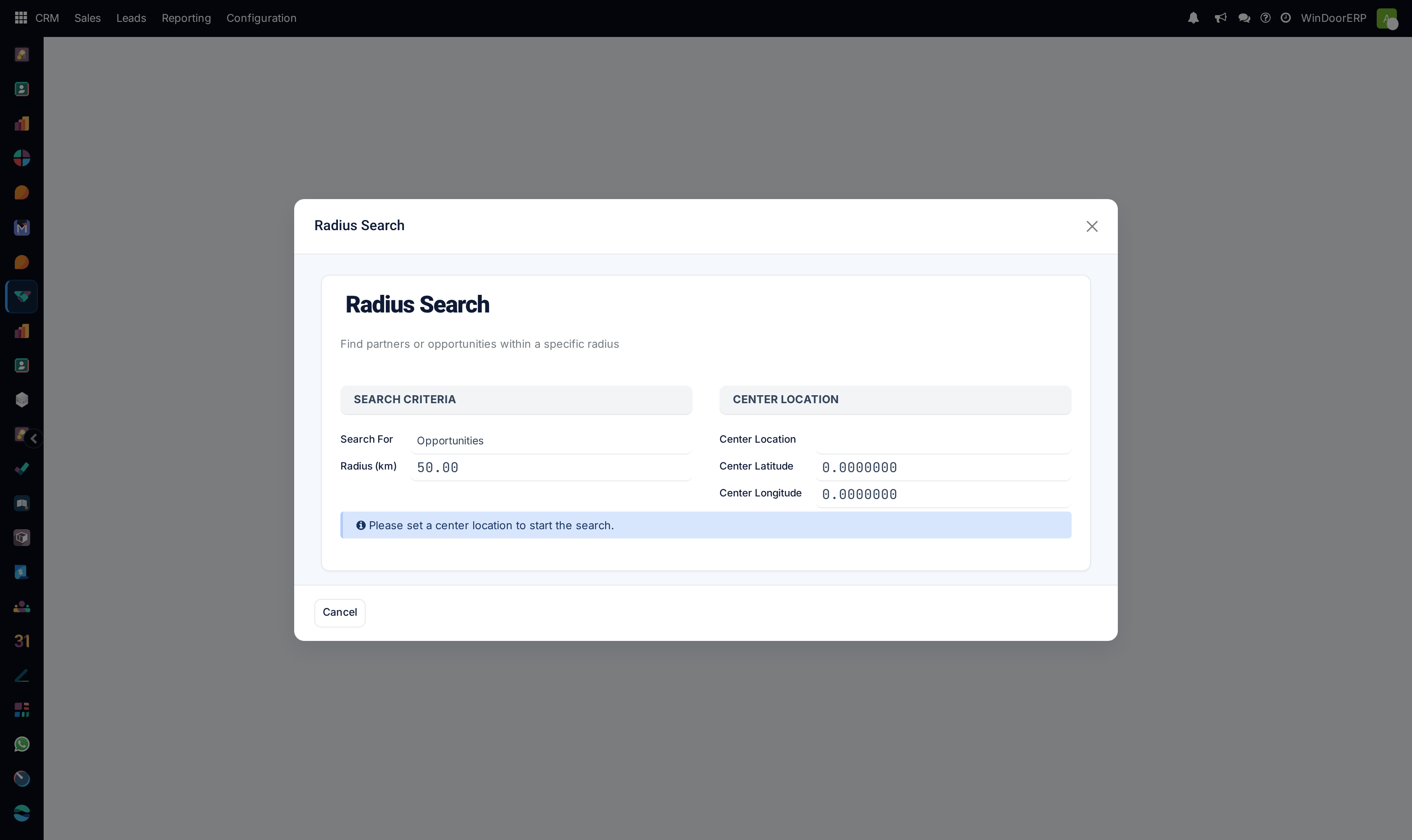 Geographic radius search configuration and results dialog