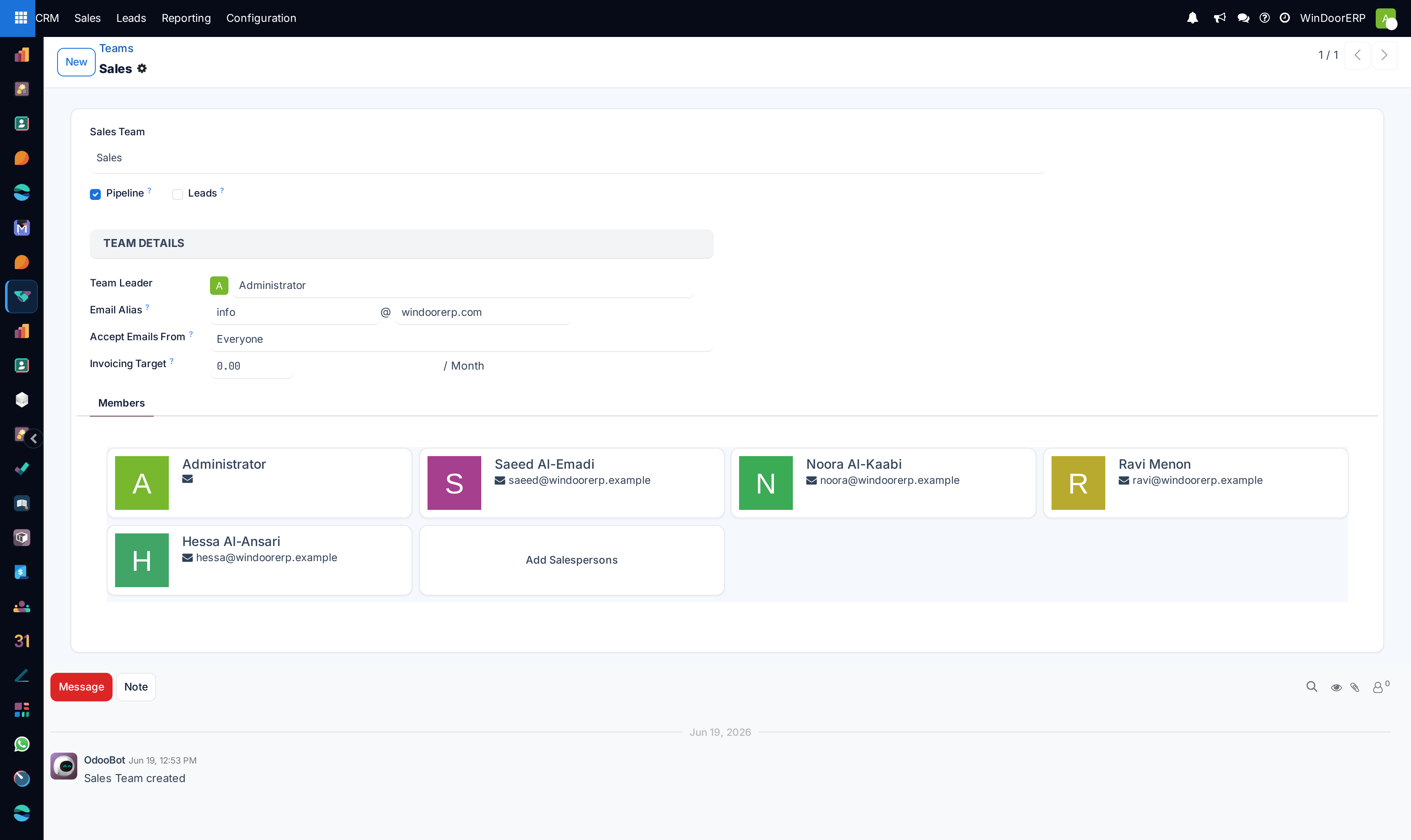 Sales team operational performance detail view