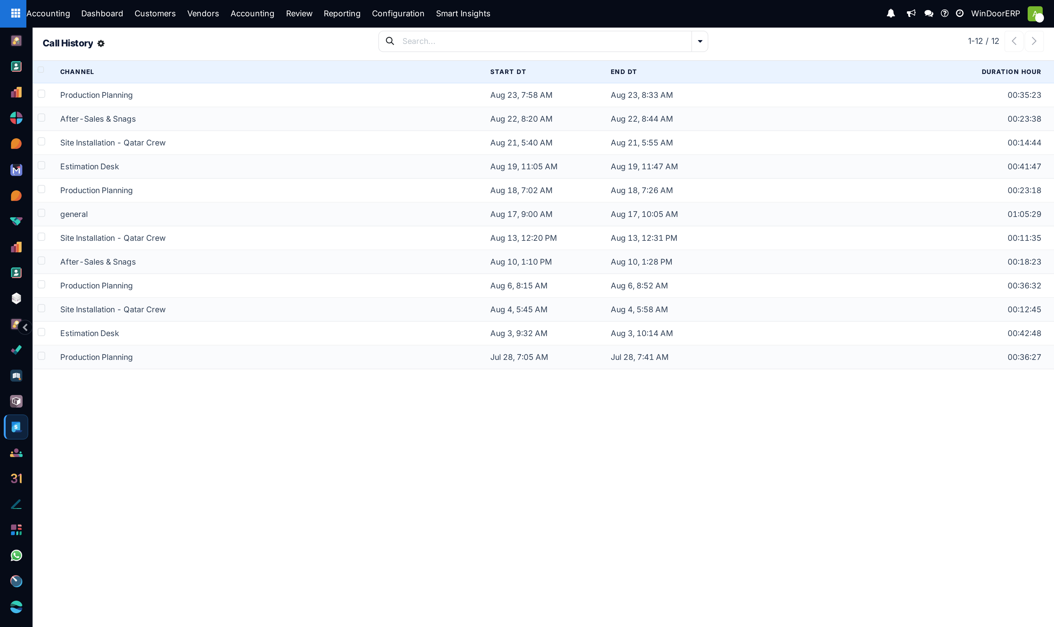 Call history technical audit log list