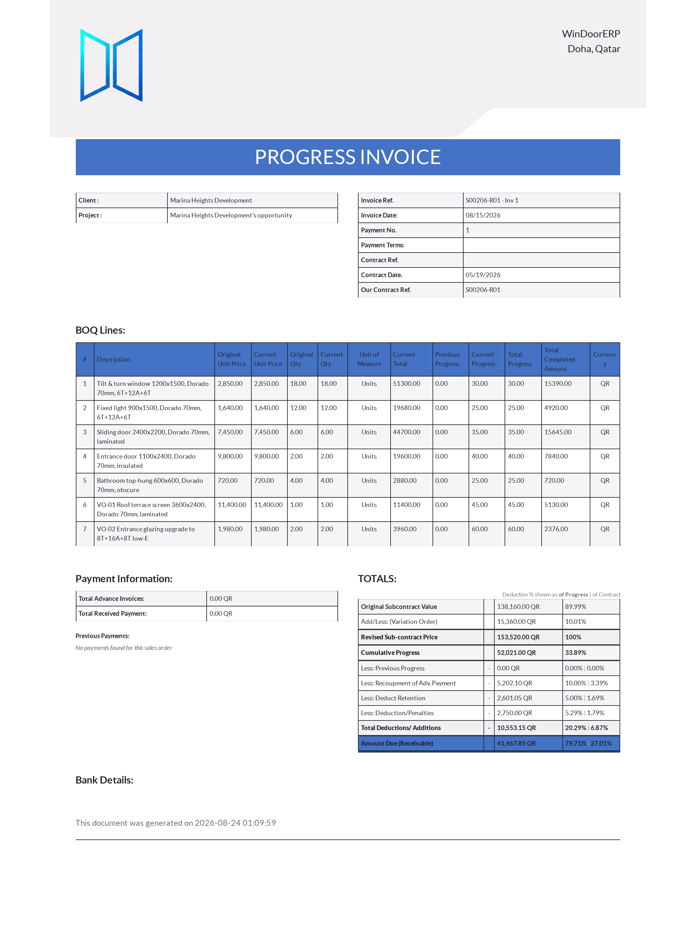 BOQ progressive project milestone claim invoice certificate