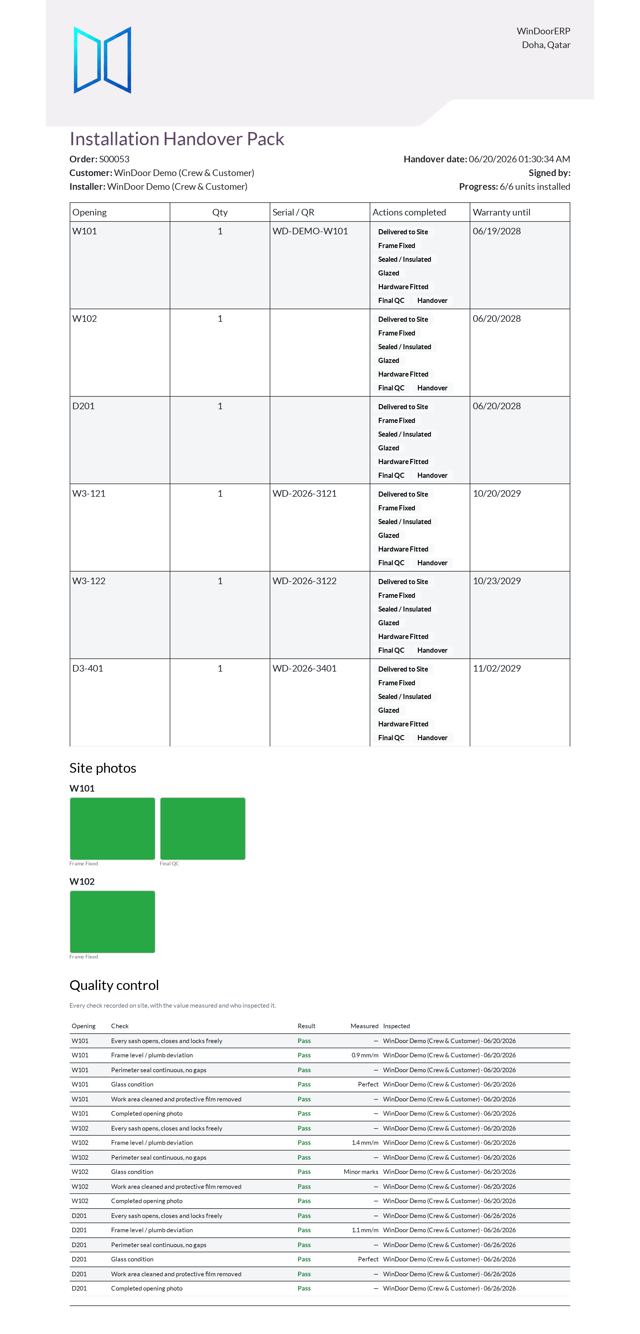 Installation handover certificate and snag completion pack