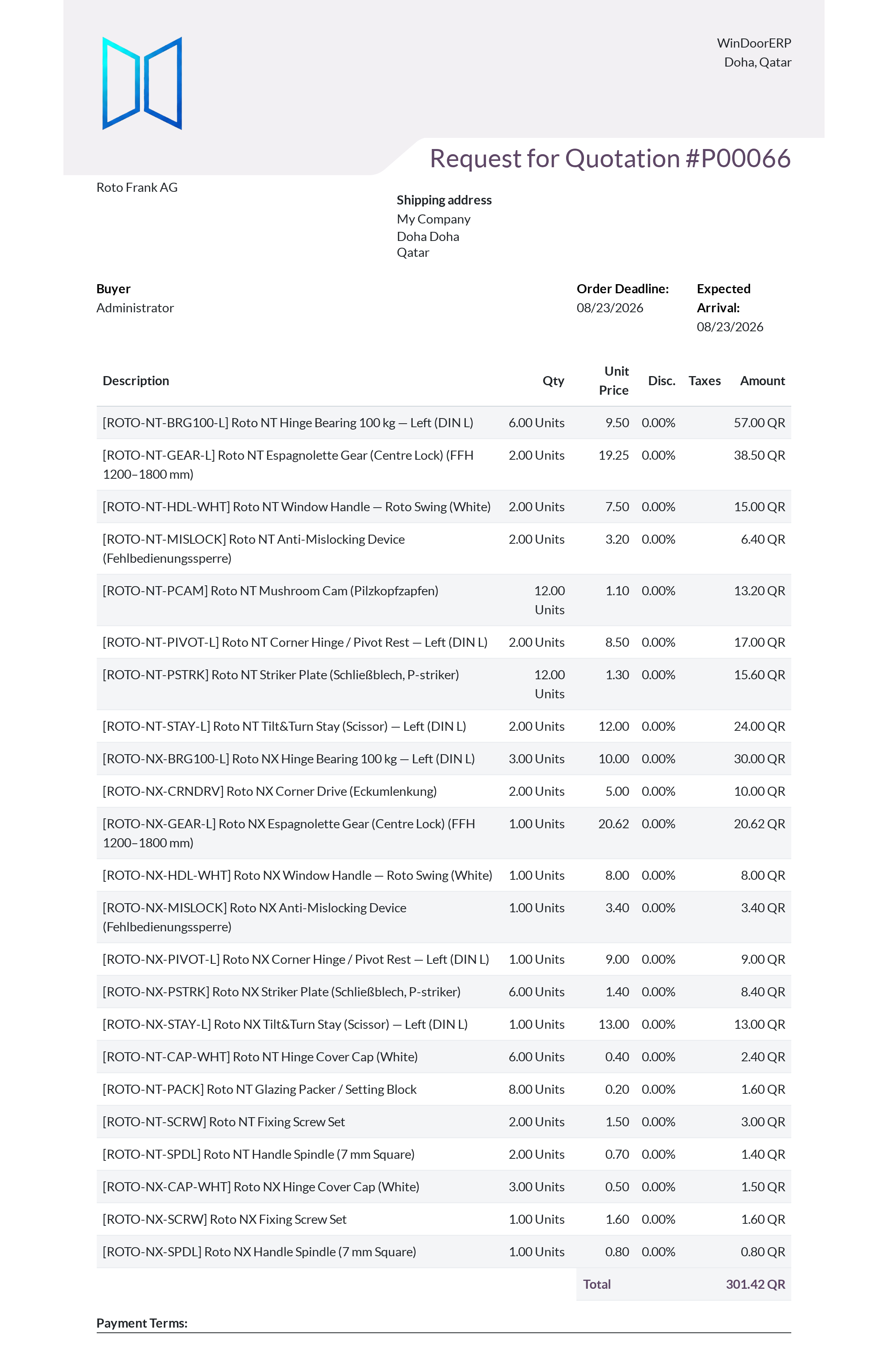 Official supplier purchase order contract document with payment terms