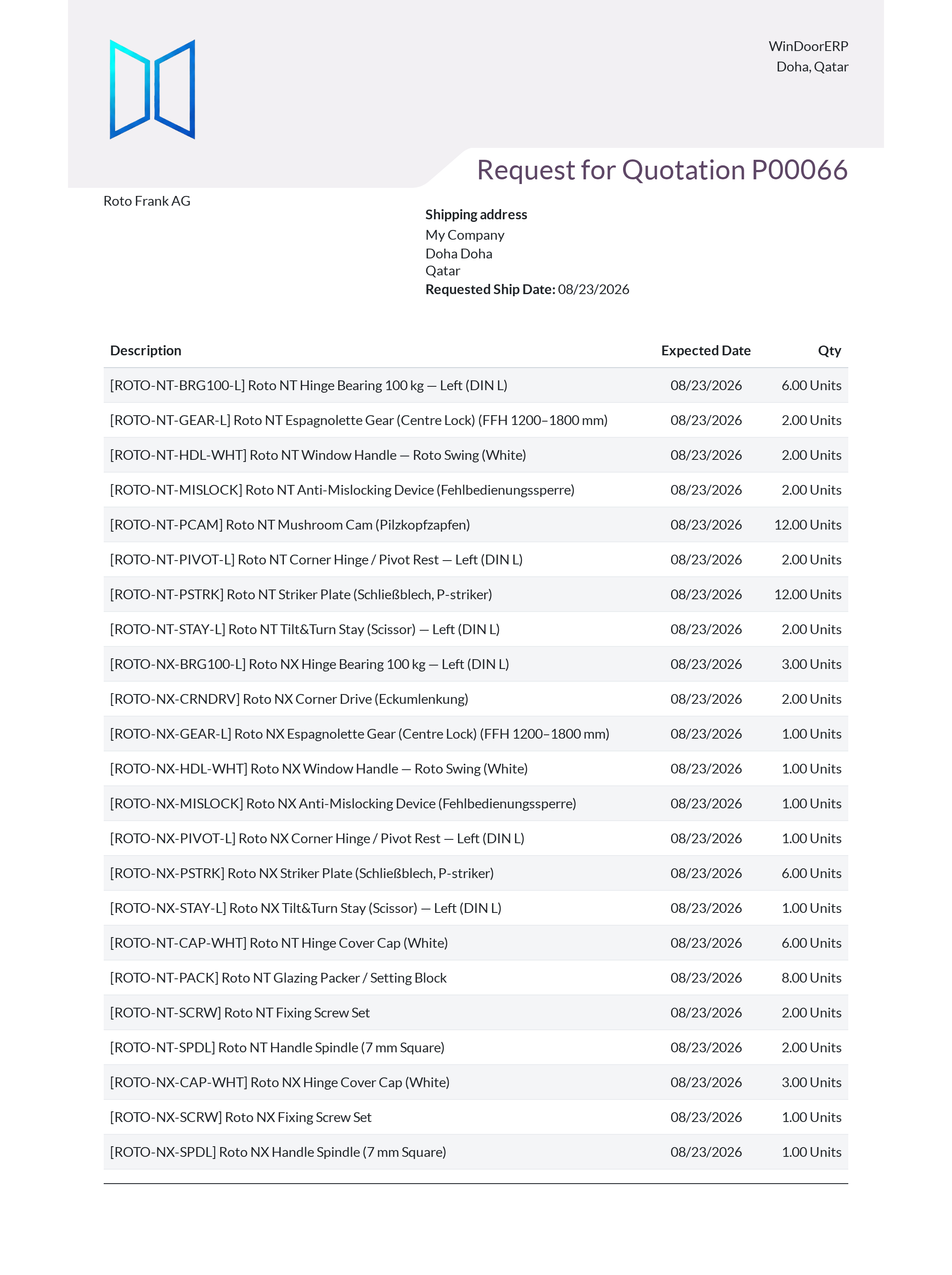 Supplier request for quotation inquiry document