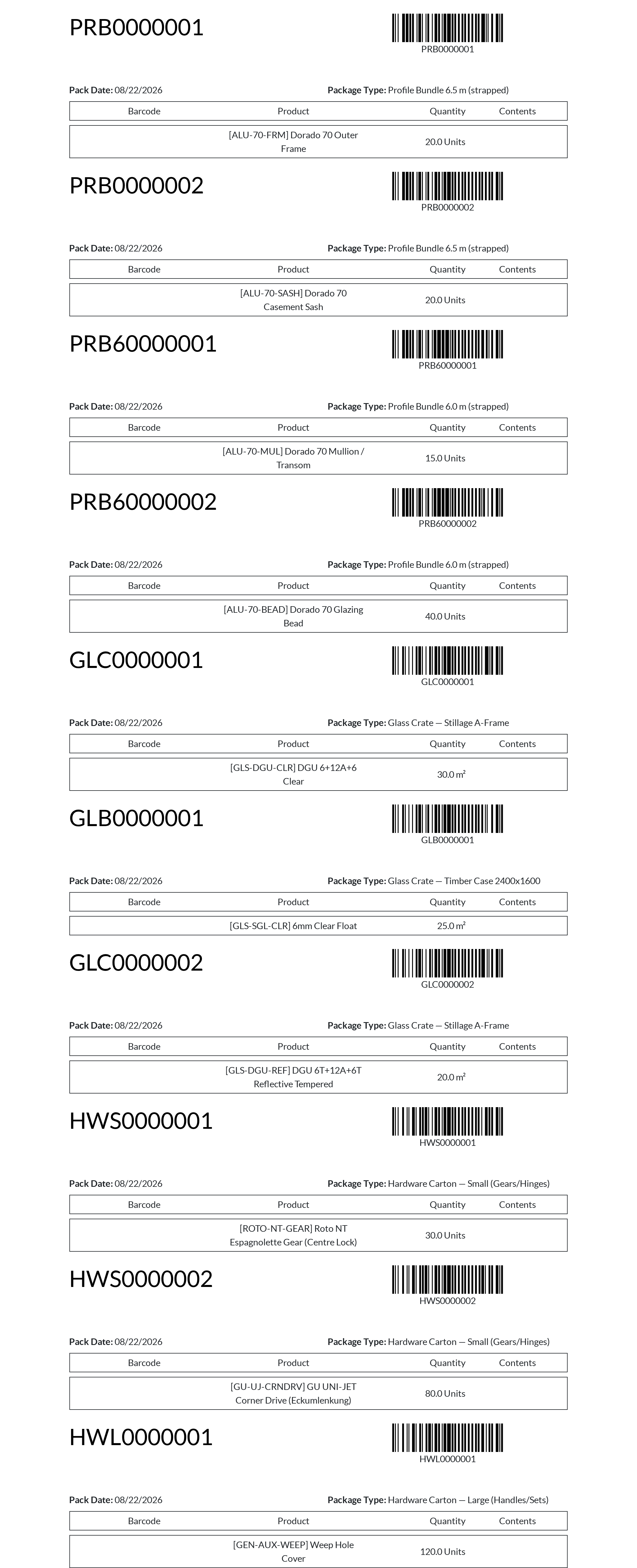 Crated glass and aluminum package shipment manifest