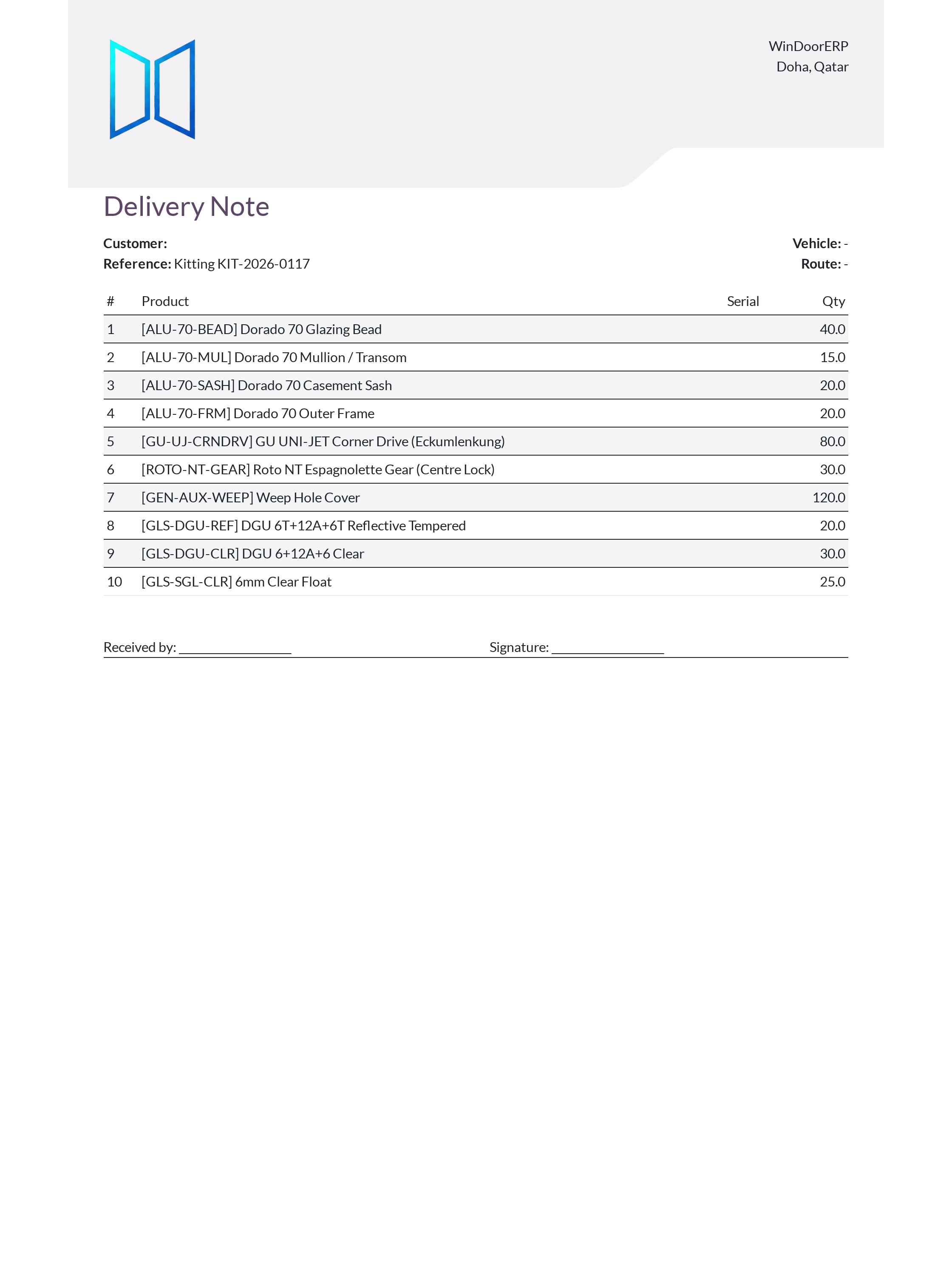 Official Windoor site delivery note with driver and recipient signature blocks