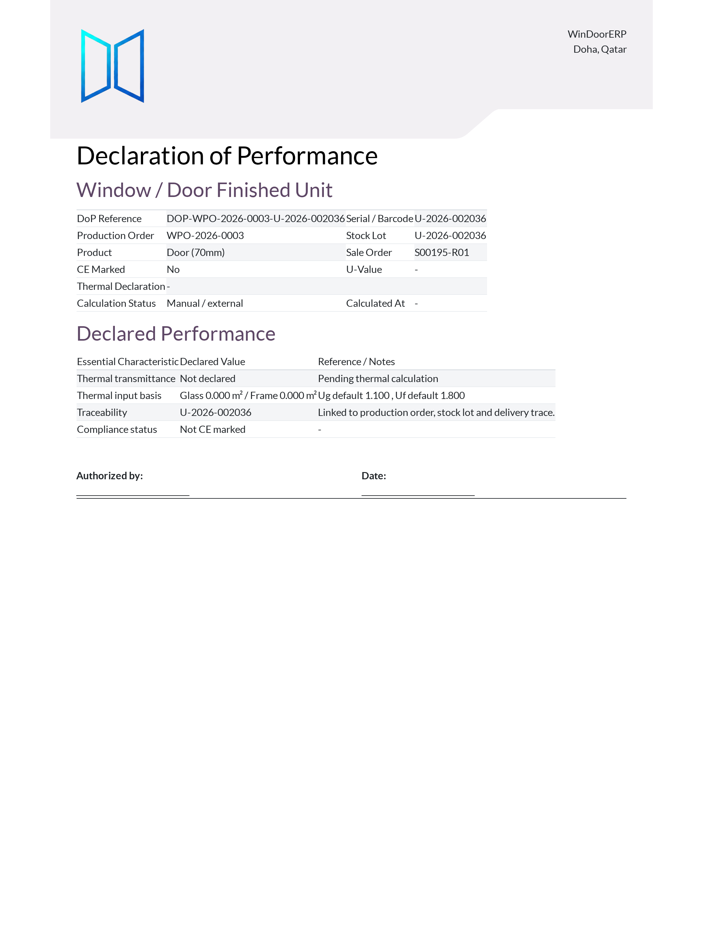 CE Declaration of Performance certificate for manufactured window units