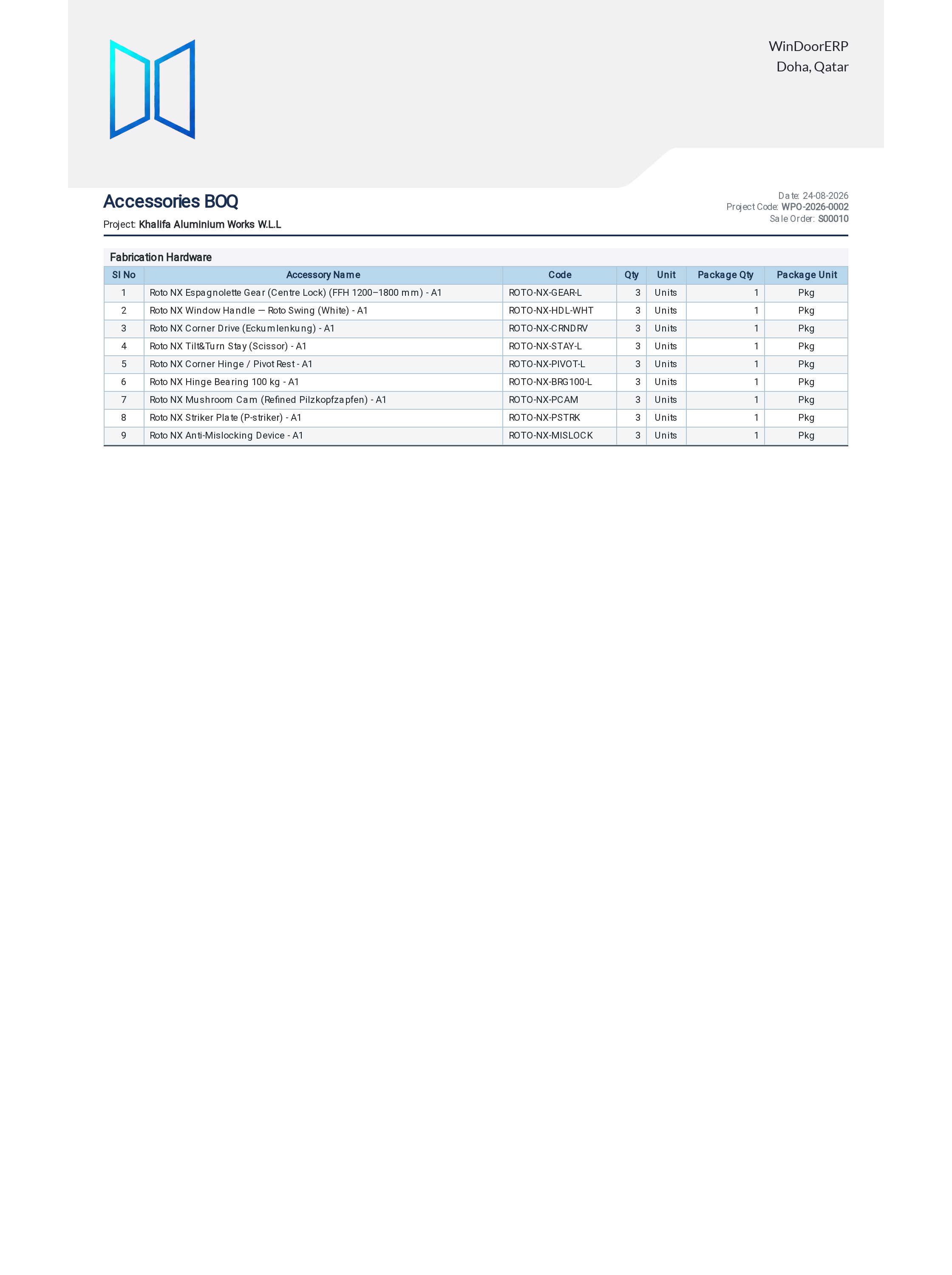 Hardware and accessories bill of quantities printable list
