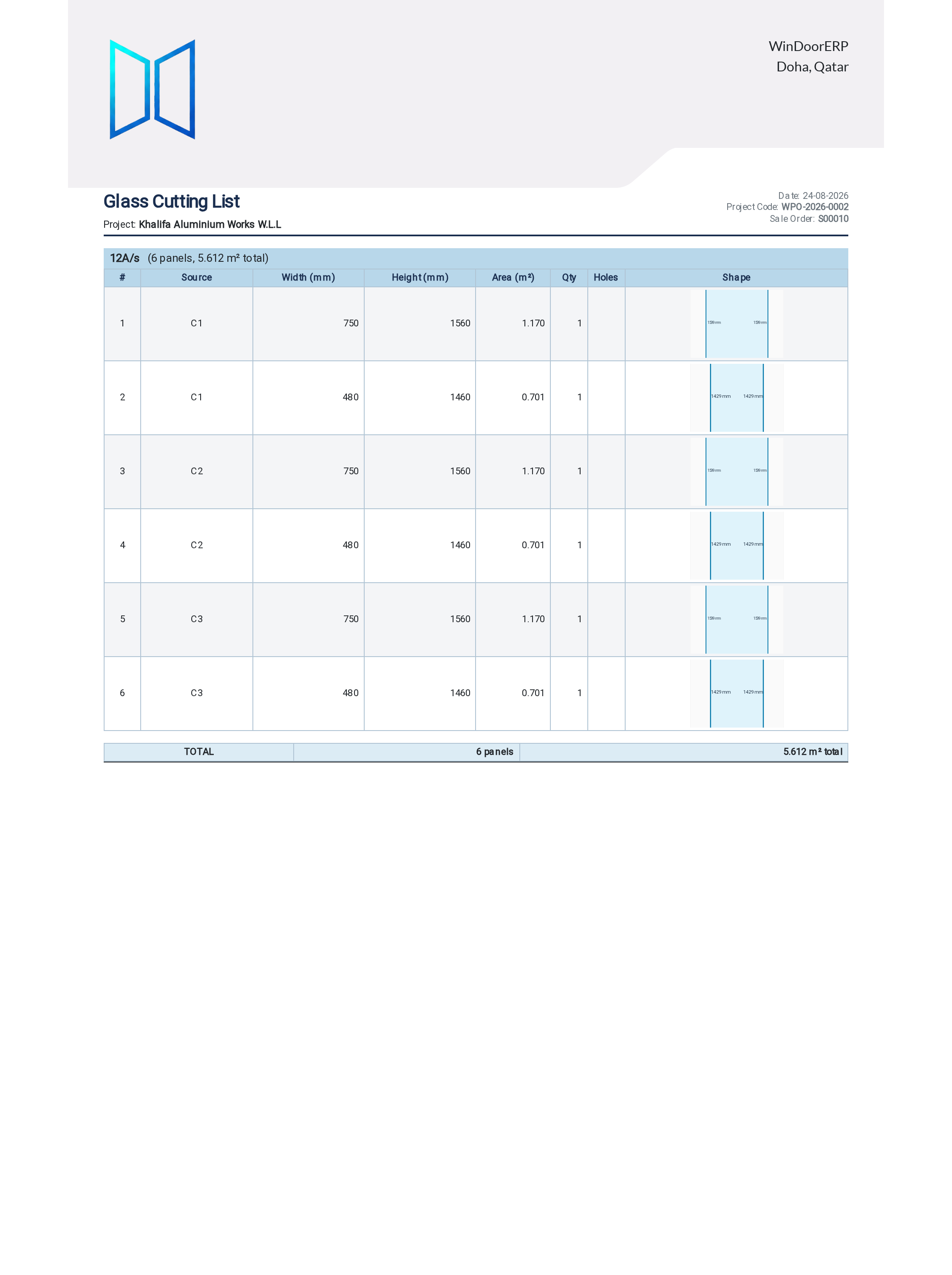 Glass cutting list printable report showing width, height, and double-glazing air spacer specs
