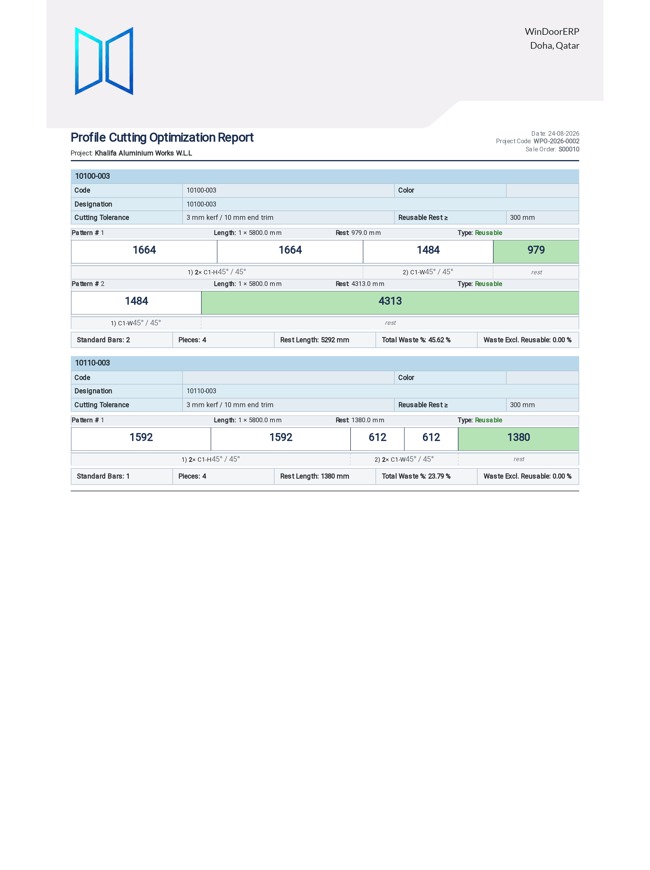 Profile cutting optimization printable plan displaying bar layout and scrap reduction