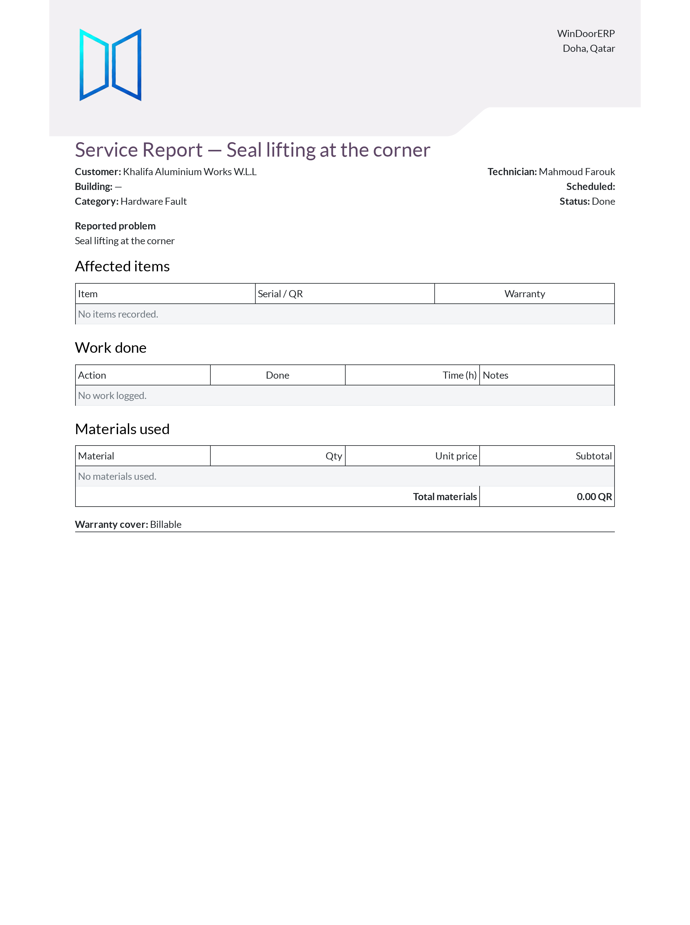 After-sales maintenance and warranty service order report