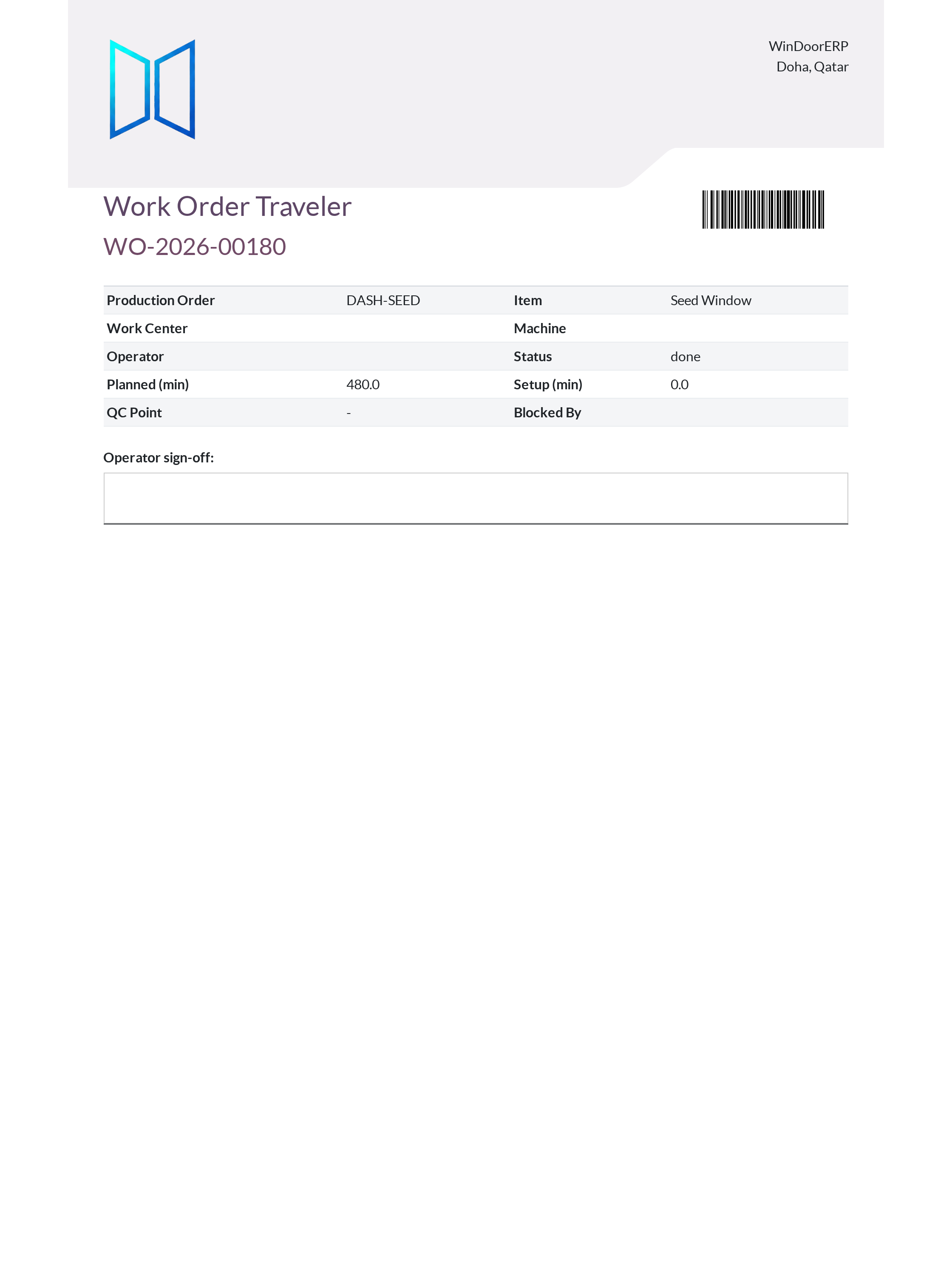Work order traveler route sheet with routing barcodes