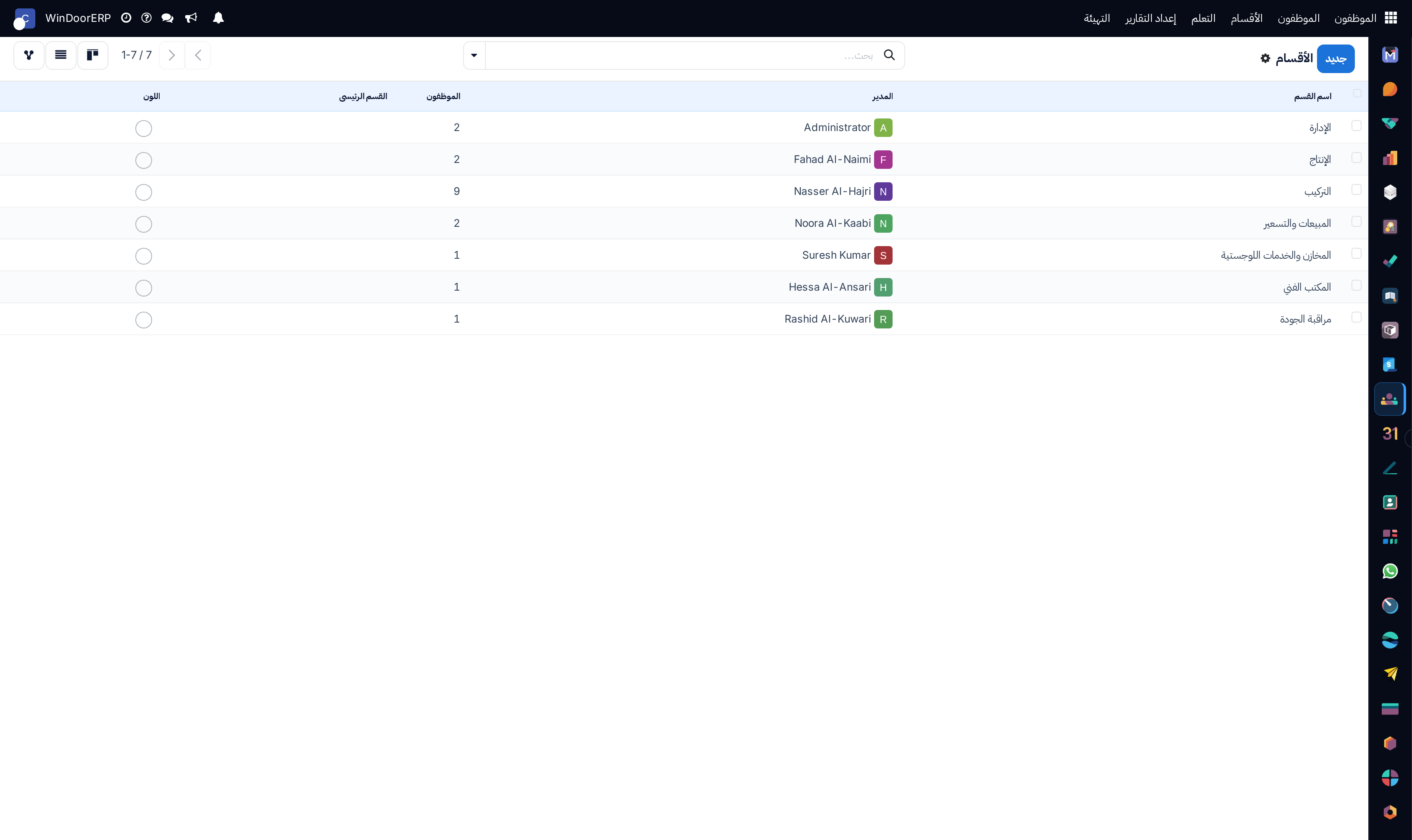 Departments directory list with manager assignments