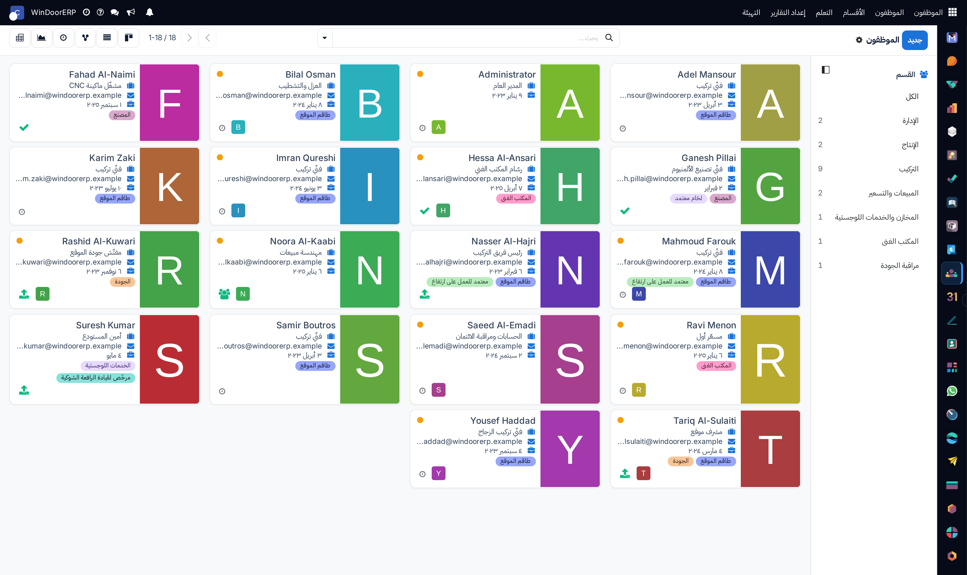 Employees kanban board with avatar cards and direct contact buttons
