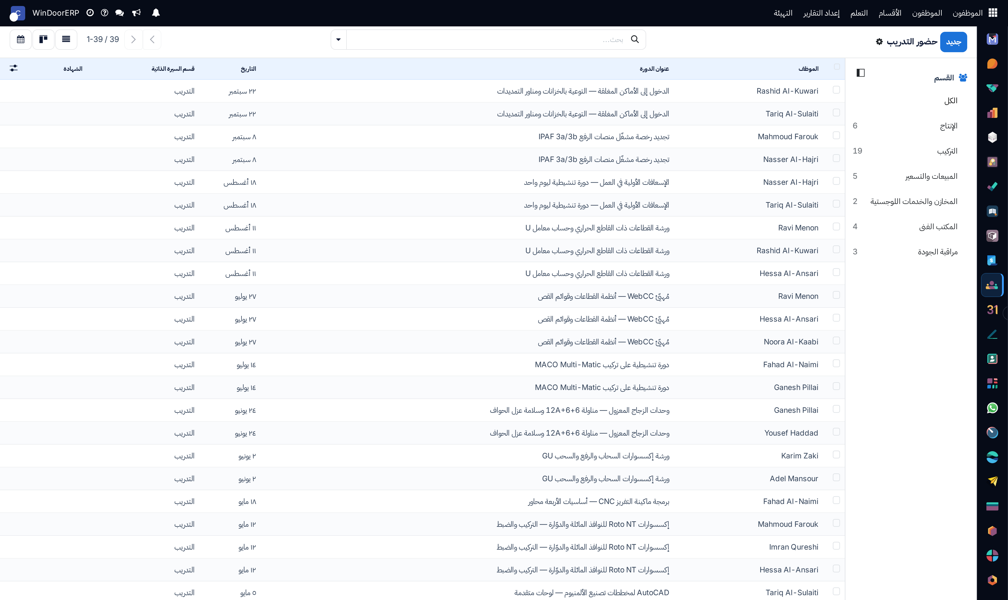 Training attendances registry list showing employees and completion states