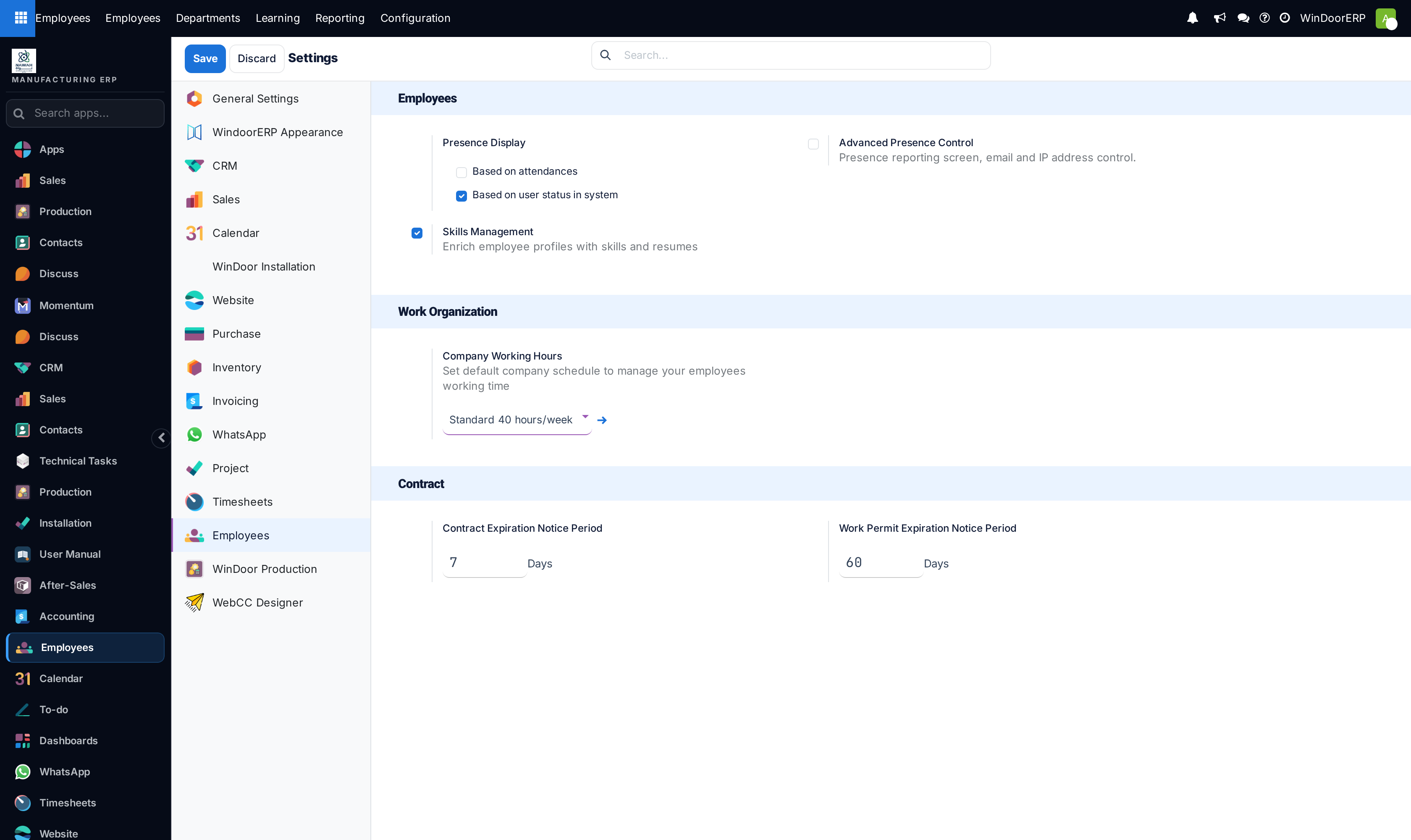 Employees module global settings configuration panel