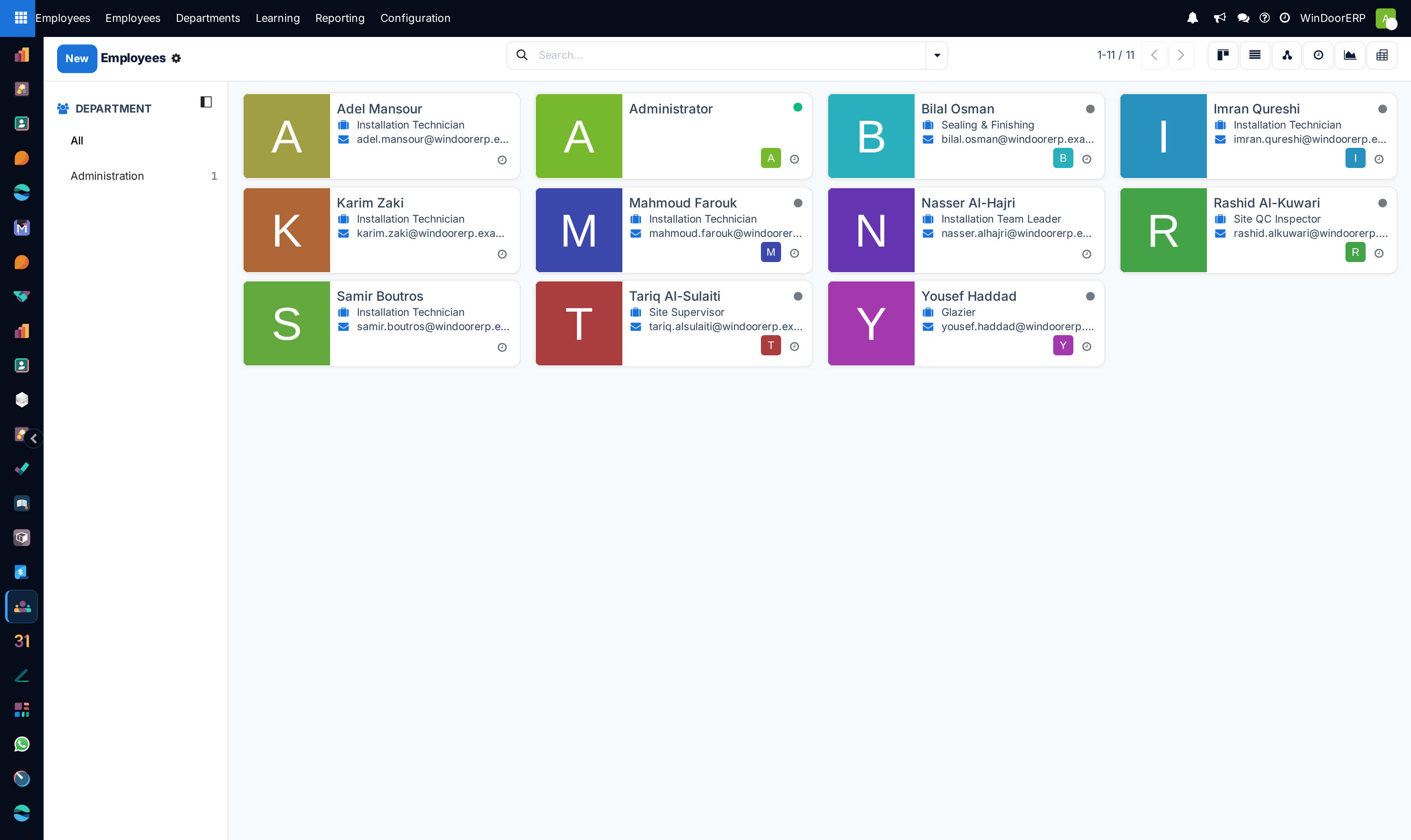 Employees kanban board with avatar cards and direct contact buttons