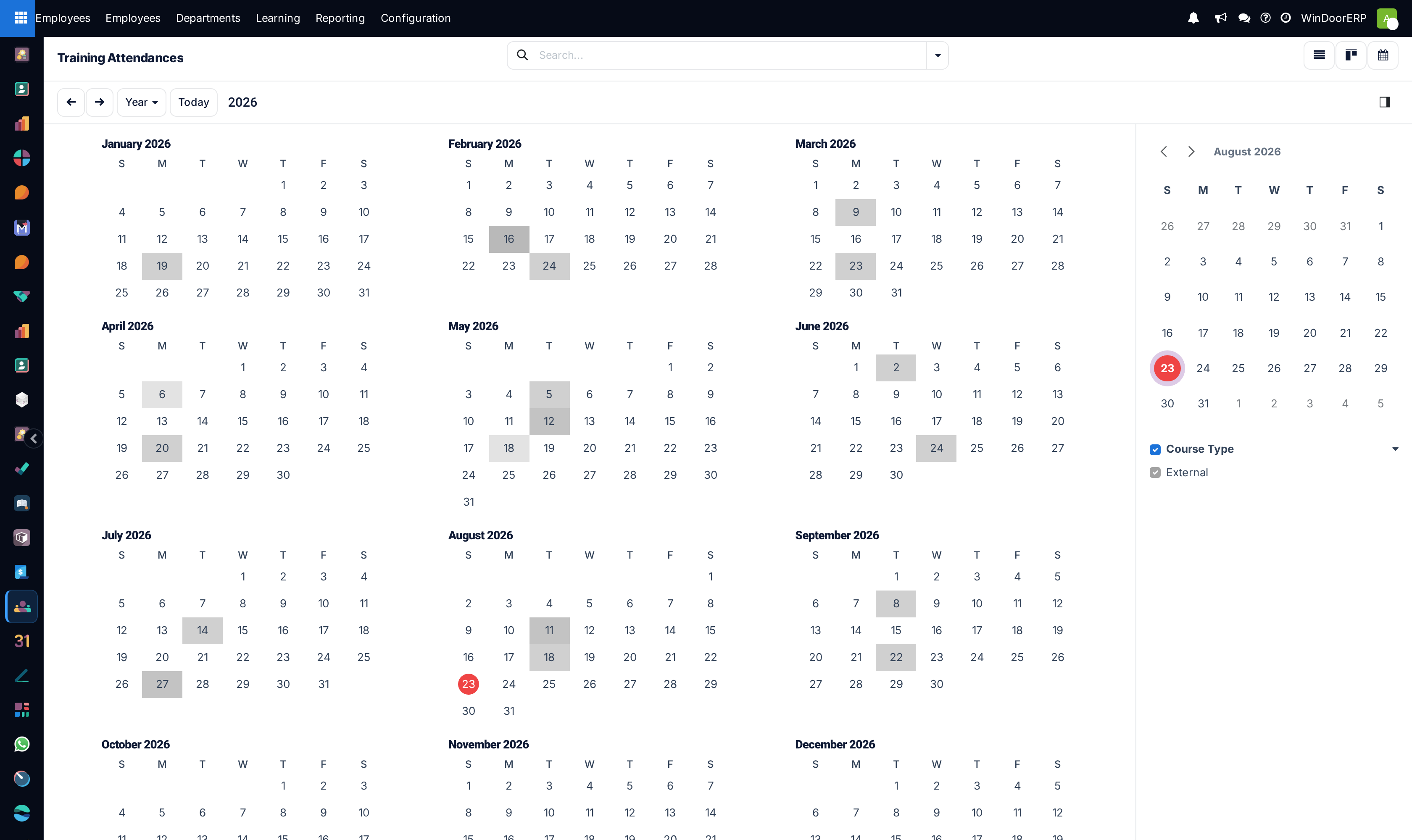 Training sessions calendar schedule