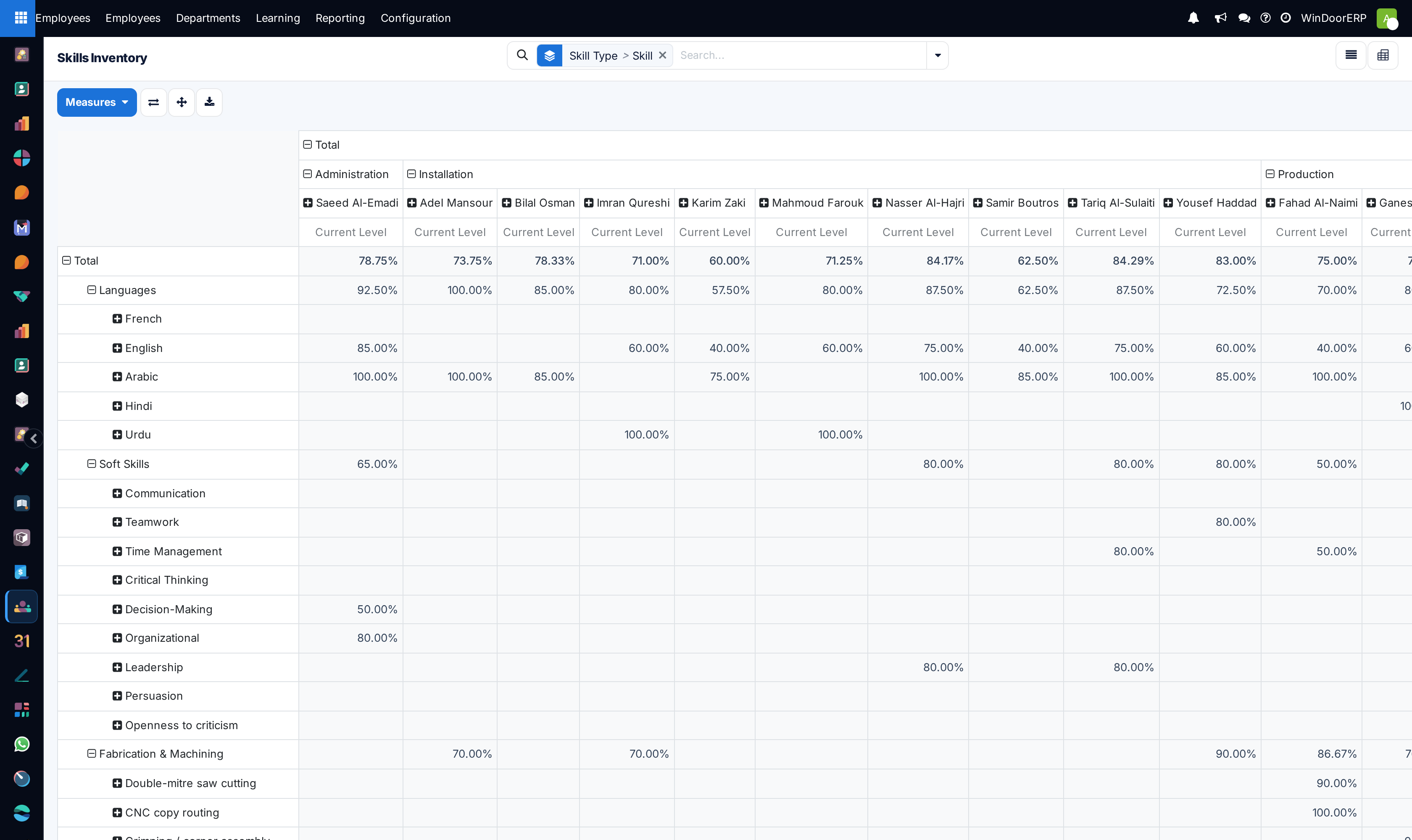 Skills inventory breakdown pivot matrix