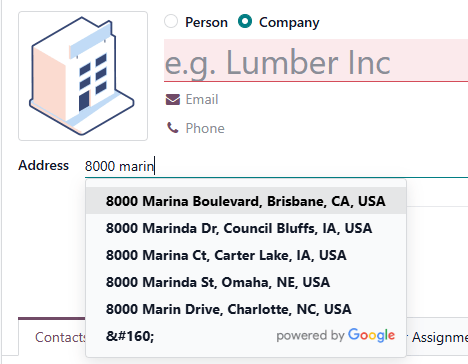 Address suggestions appearing on a contact form.