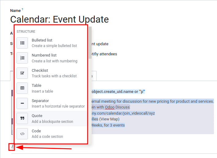 The powerbox menu open inside an email template.