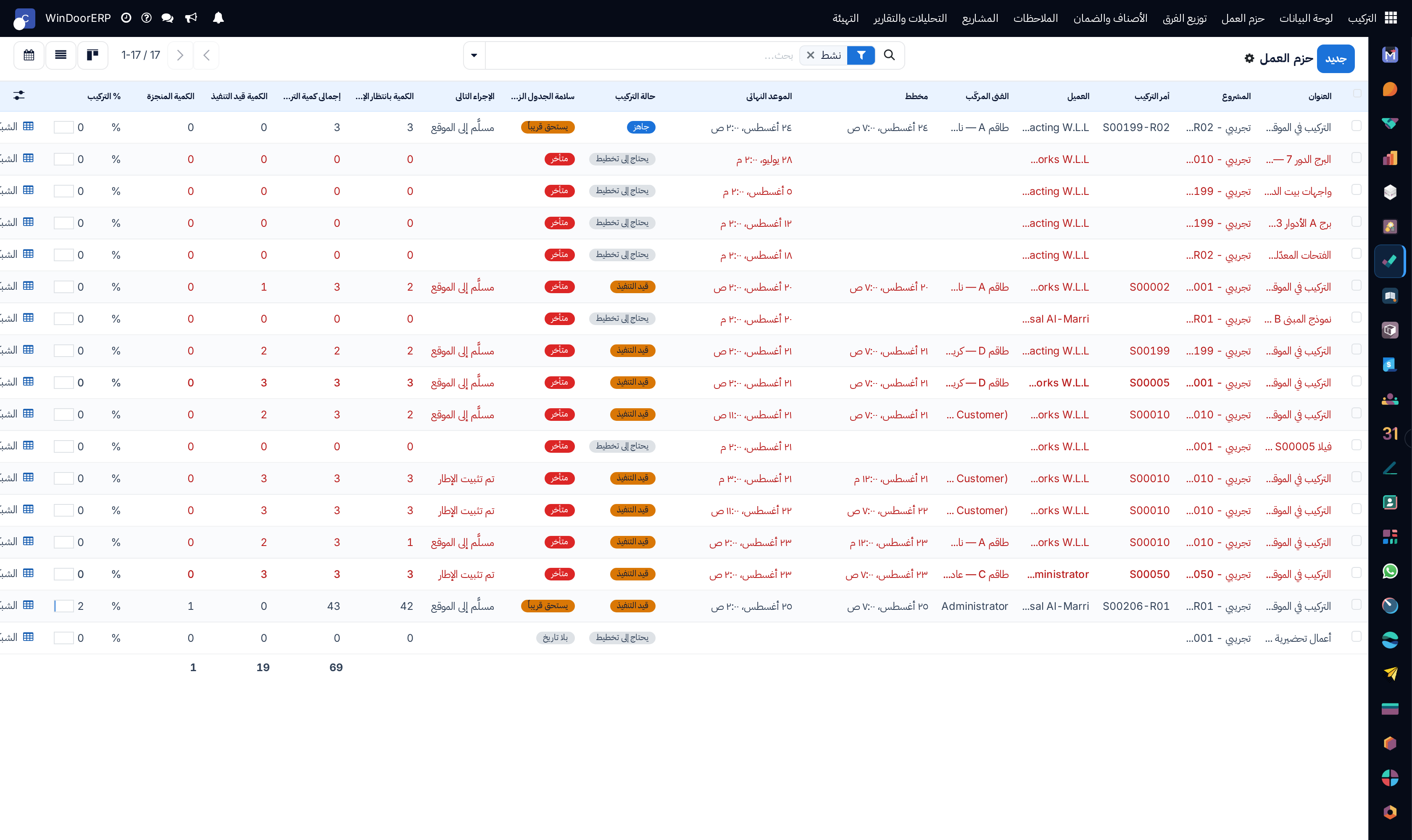 Detailed installation projects tabular registry showing completion dates and supervisors