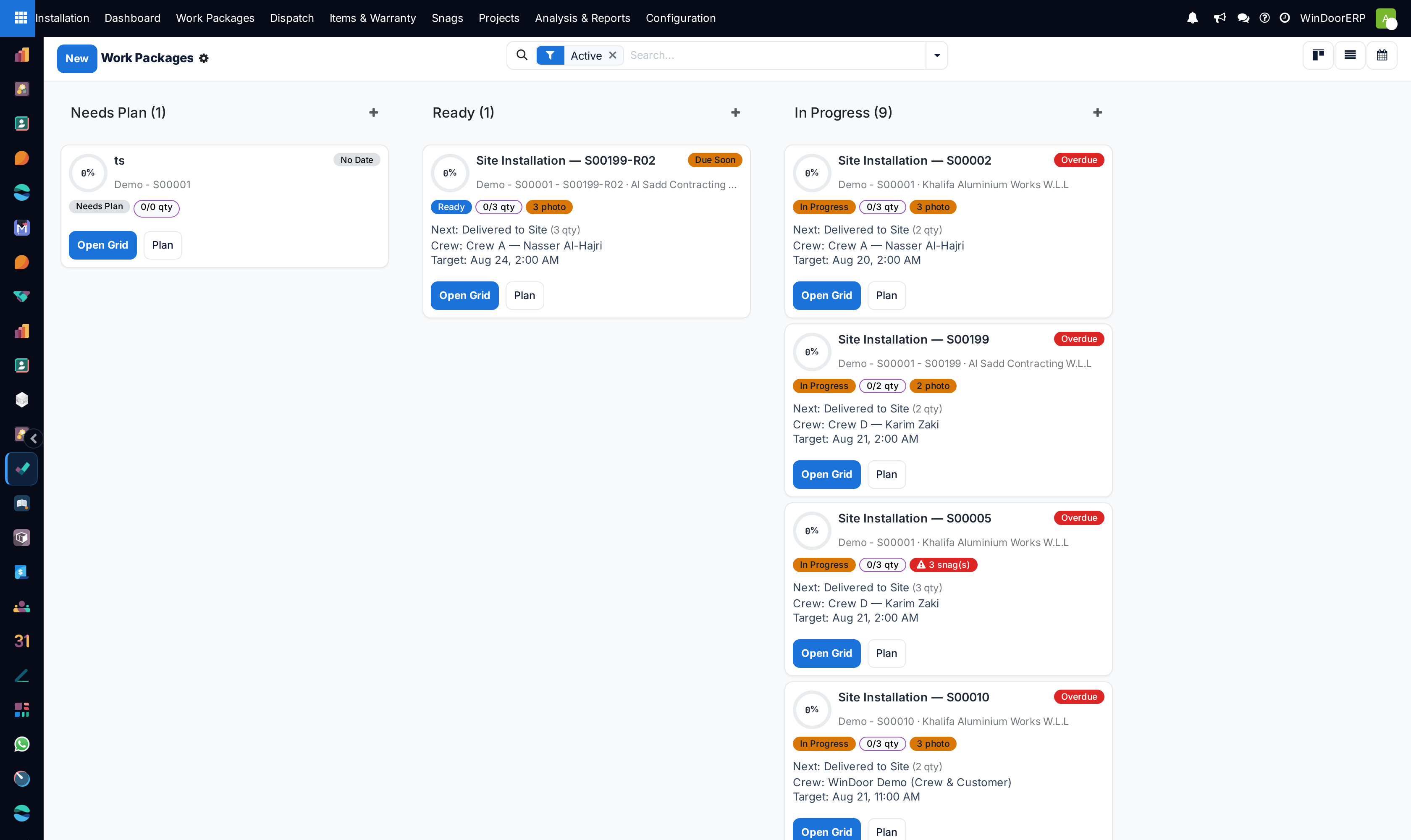Extended installation kanban cards with unit counts and snag badges