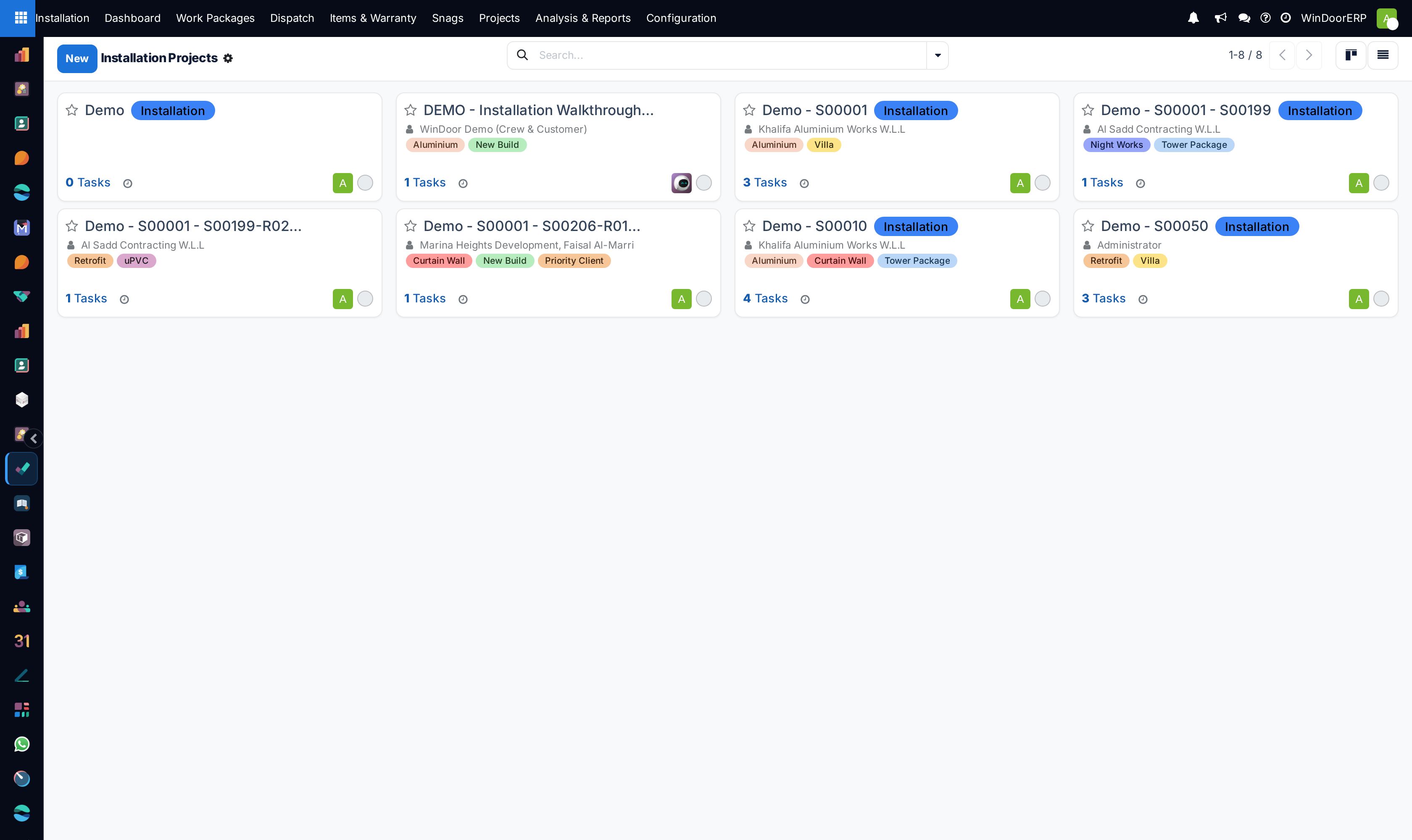 Installation projects kanban board grouped by site execution stages