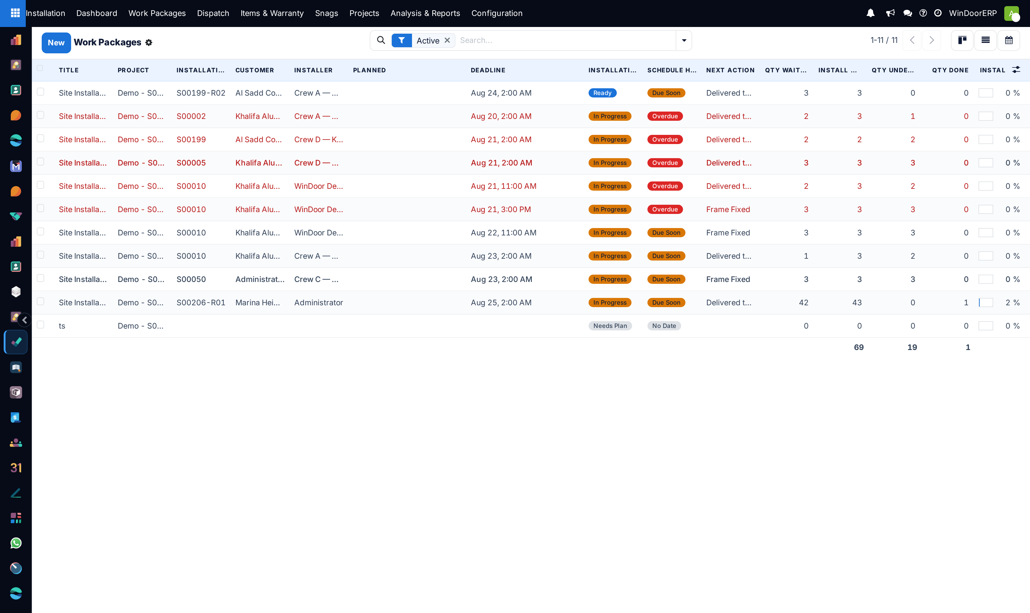 Detailed installation projects tabular registry showing completion dates and supervisors
