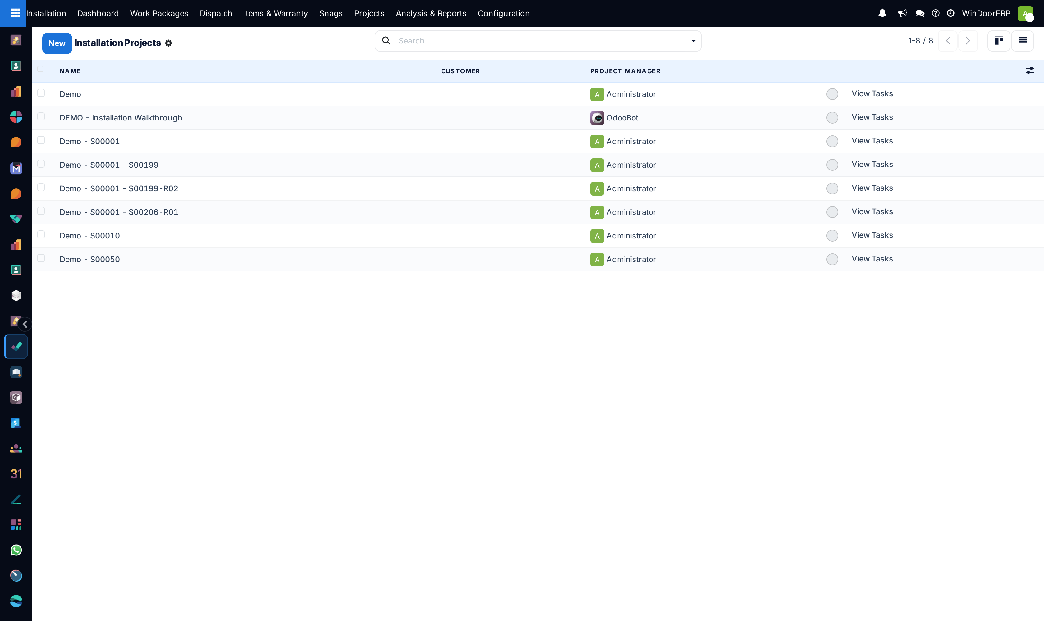Installation projects primary list view with customer names, stages, and progress bars