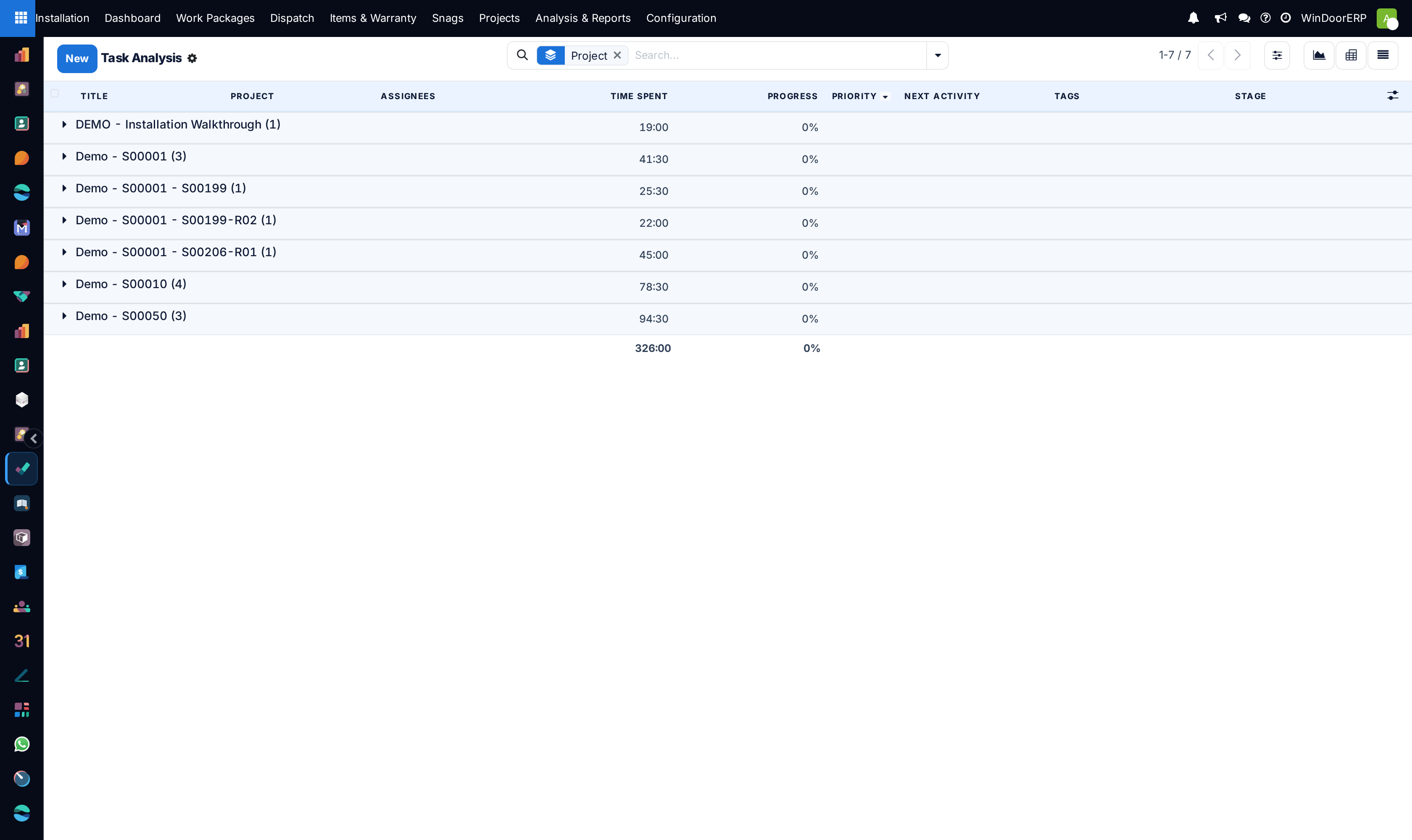 Reporting tasks list view showing task durations and completion percentages