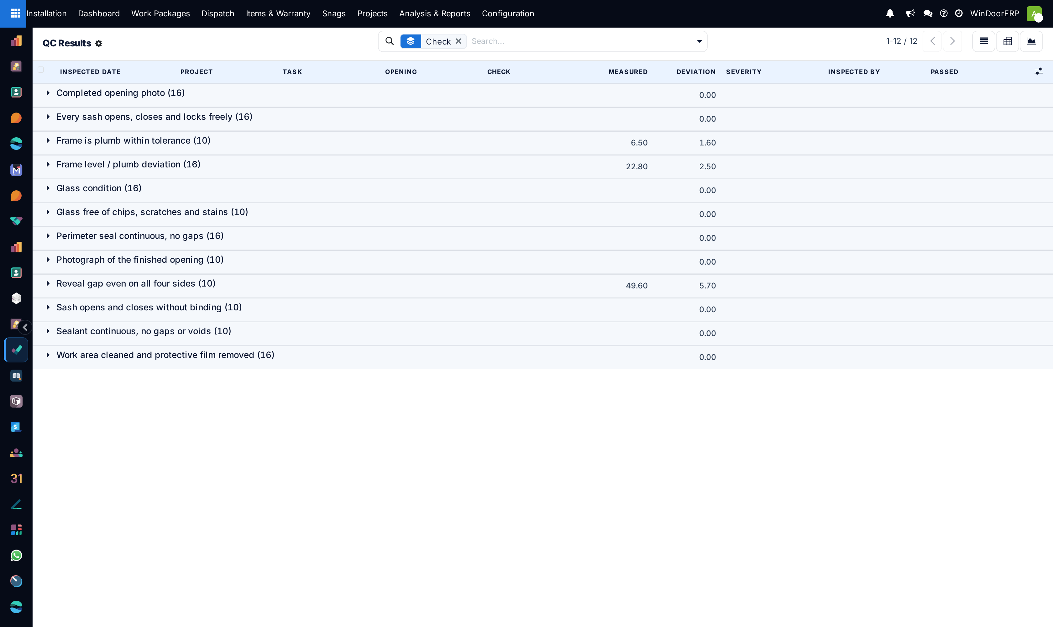 Site QC results comprehensive audit list view showing scores and inspection ratings