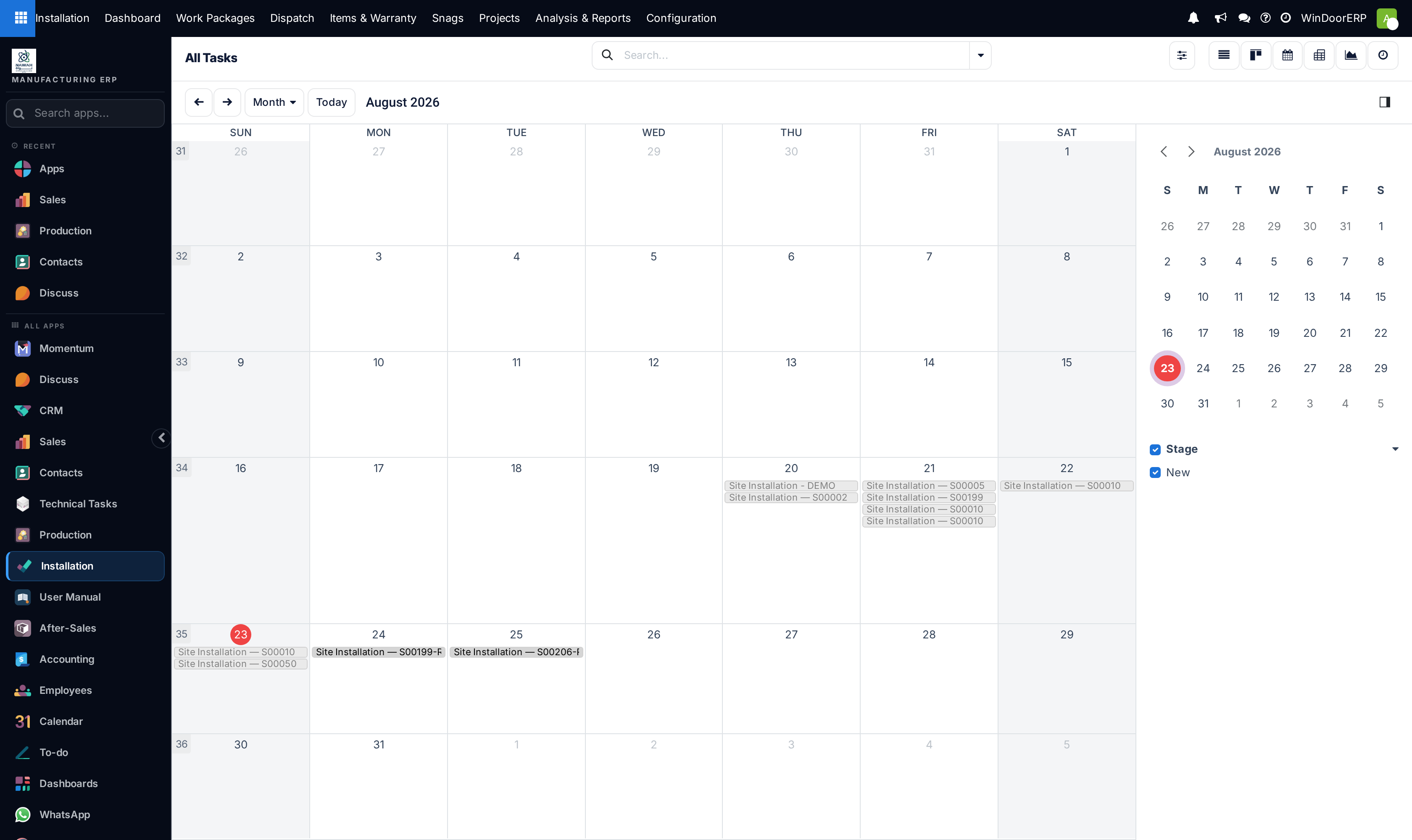 Site tasks calendar coordinating installation crew visits and equipment allocations
