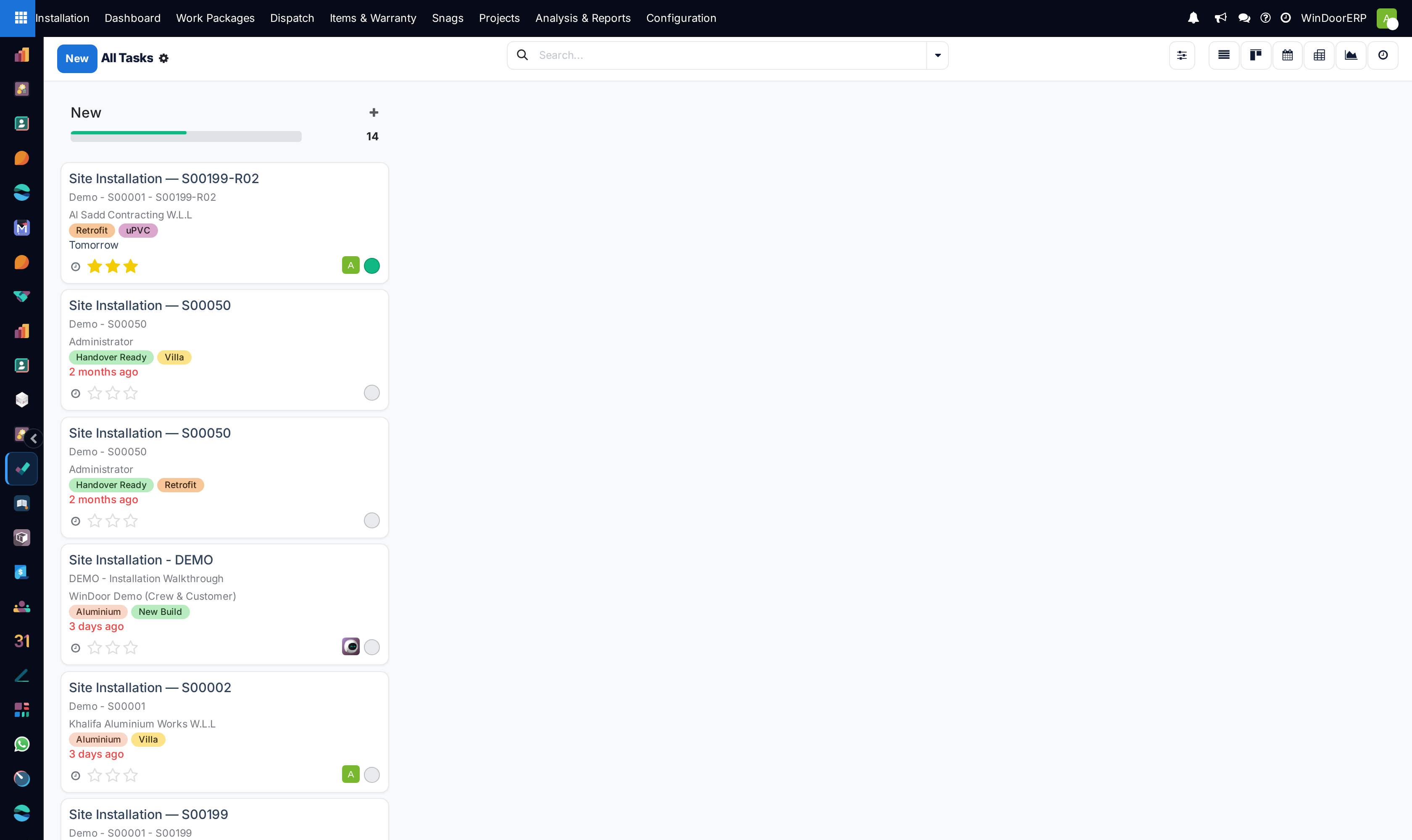 Master installation tasks kanban board tracking status columns across active sites