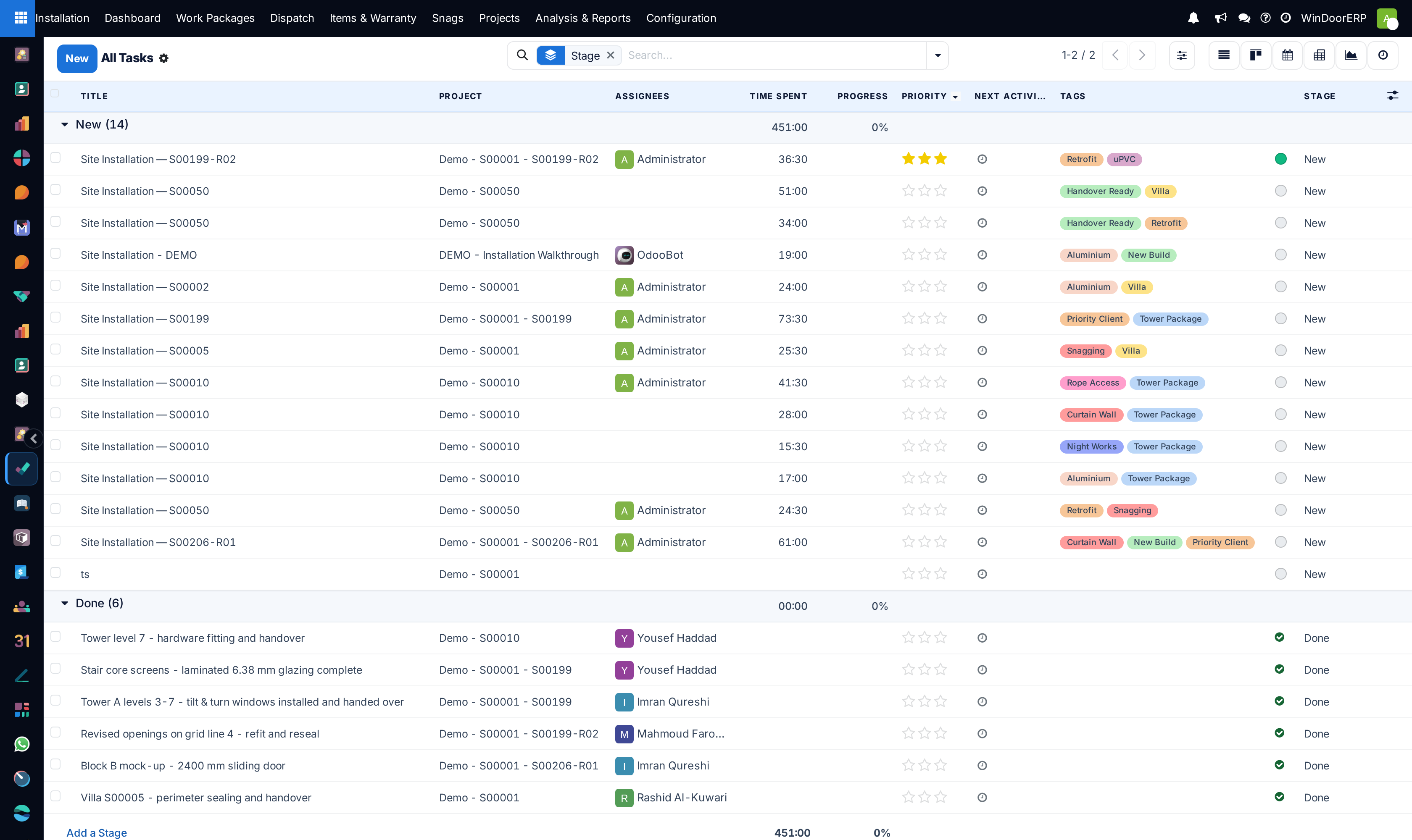 All installation tasks comprehensive list view showing projects, stages, and progress