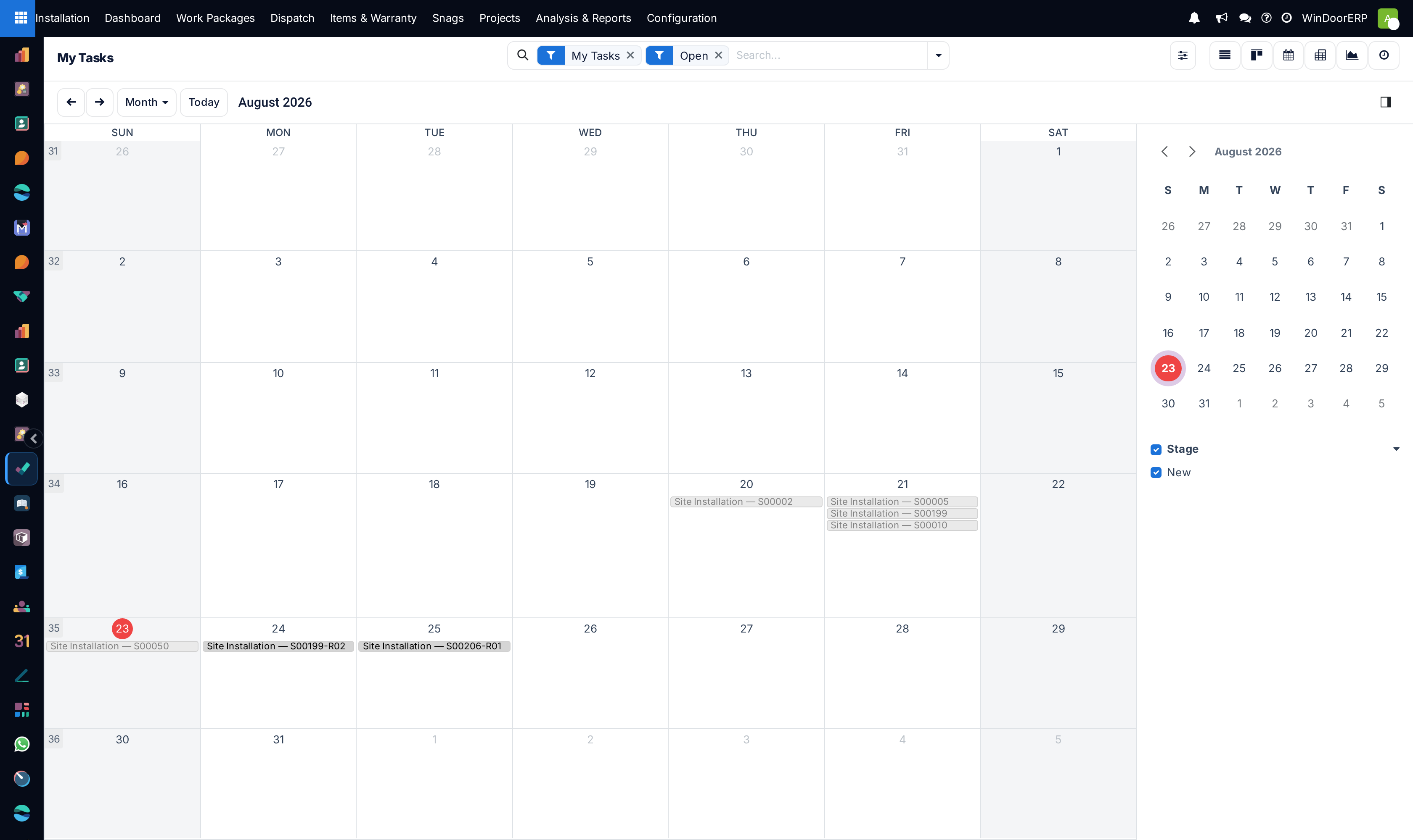 Personal technician schedule calendar showing assigned site appointments