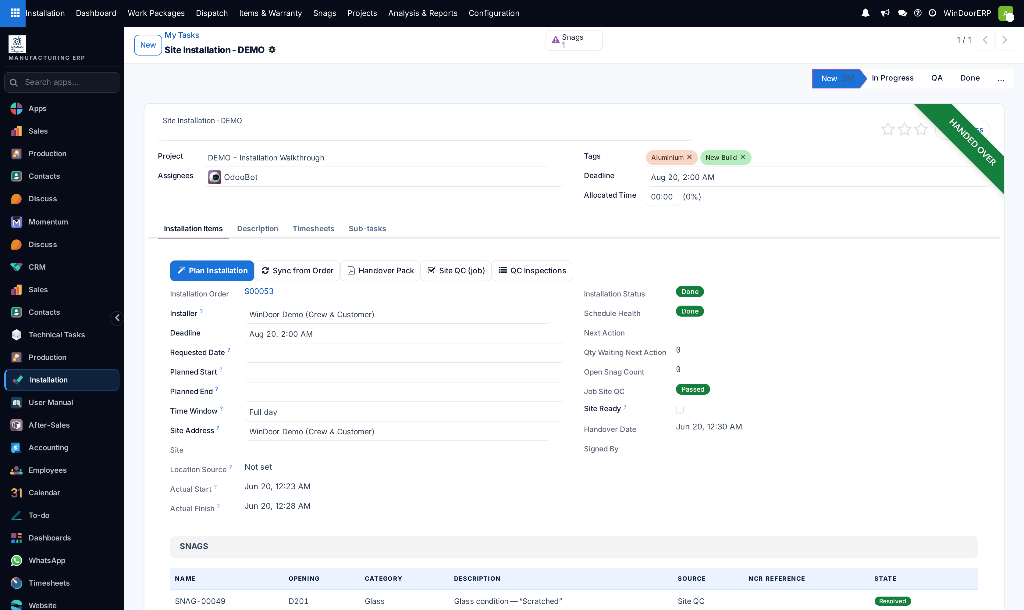 Individual task execution form with timesheet timers and photo upload buttons