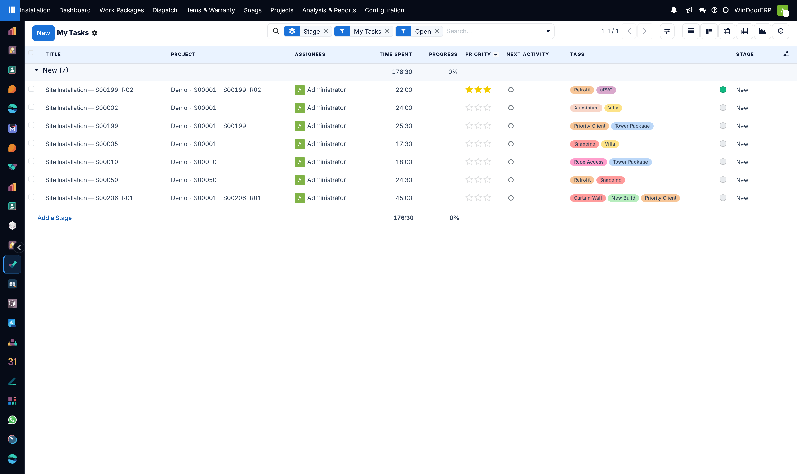 My tasks list view displaying personalized technician assignments and deadlines