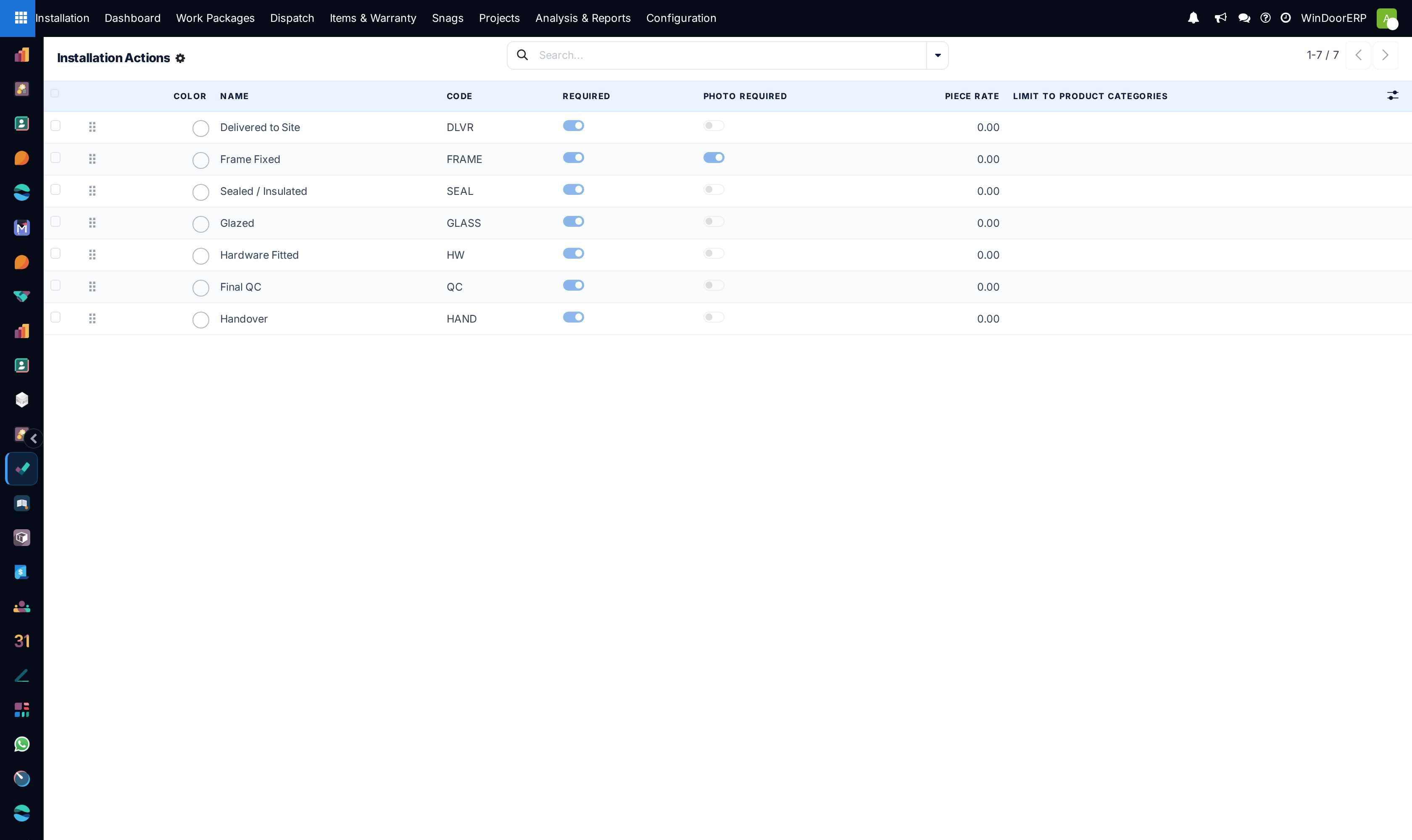 Installation actions catalog list showing action codes and standard duration minutes