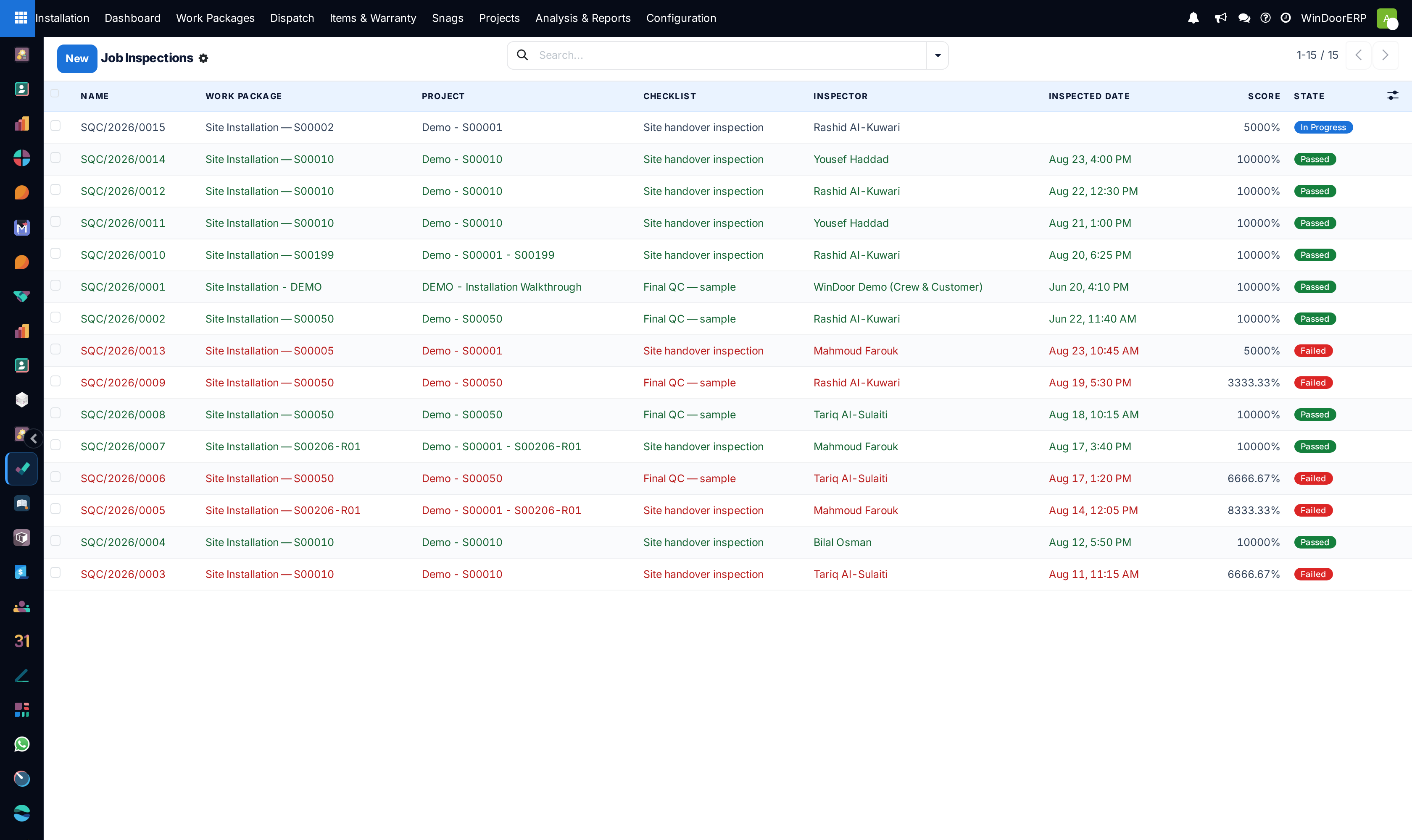 Site QC job inspections registry tracking scheduled, passed, and failed field audits