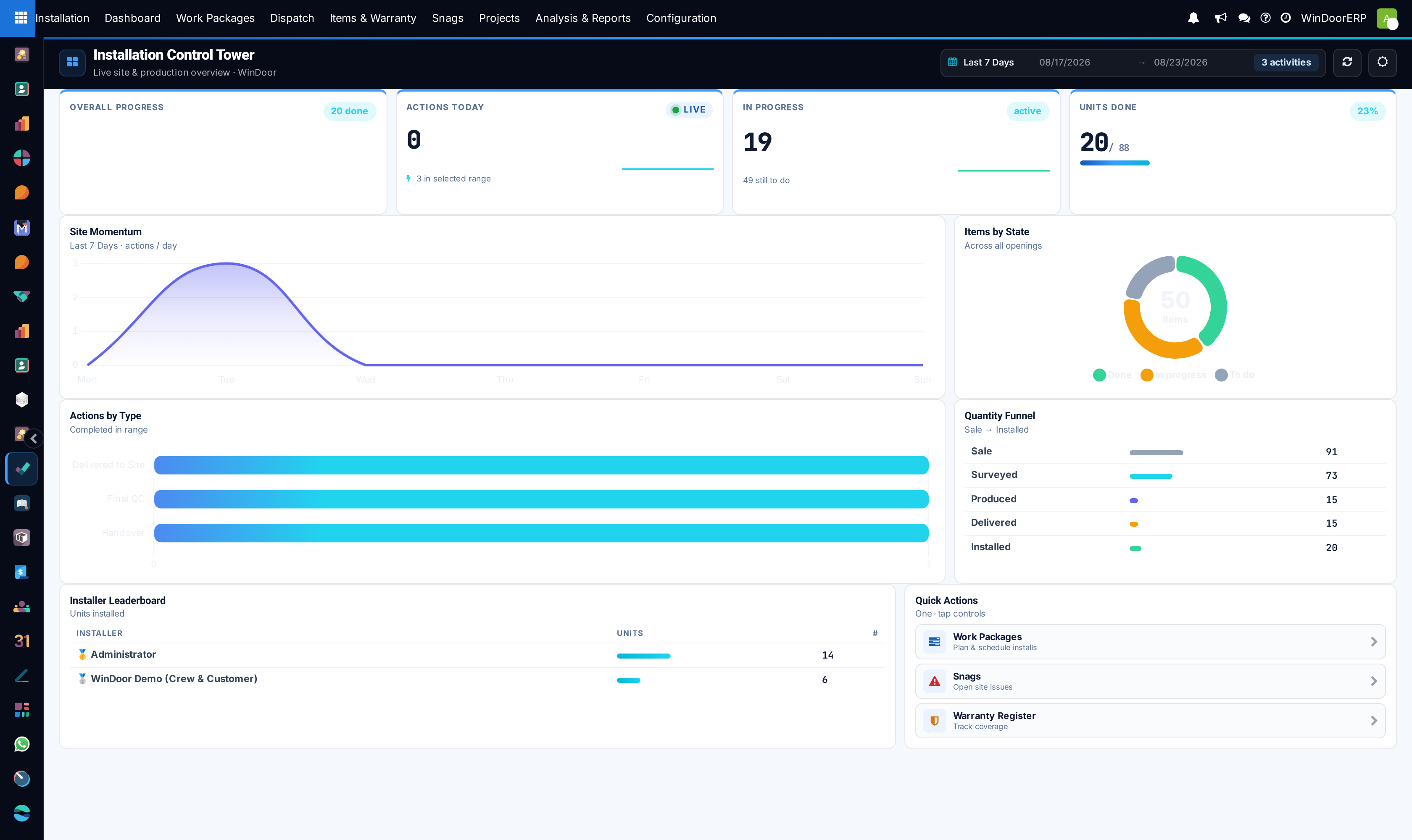 Installation modern dashboard screen displaying live KPIs, progress rings, and crew allocations