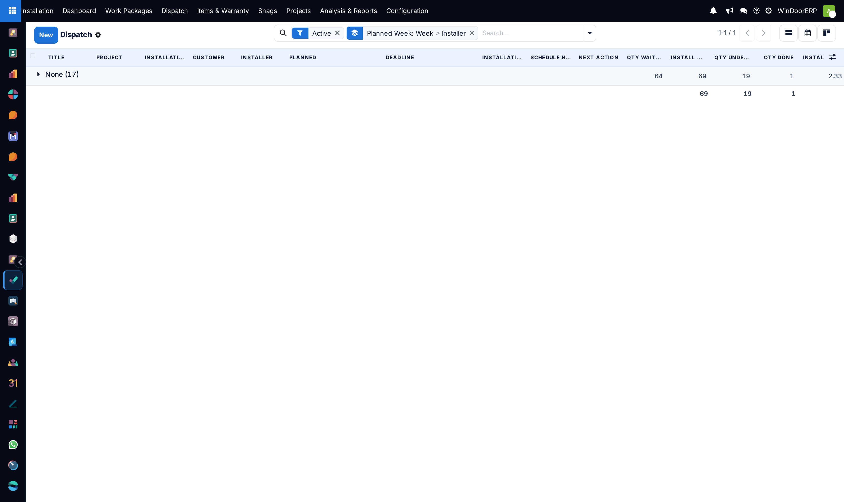Installation dispatch list view showing scheduled dates, vehicles, and assigned crew leaders