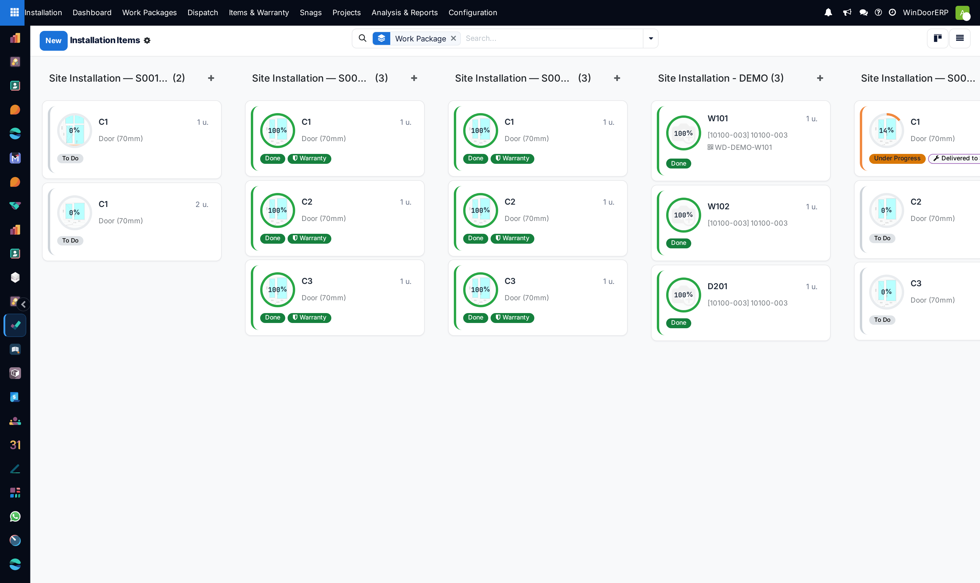 Installation items kanban board tracking unit progression through site assembly phases