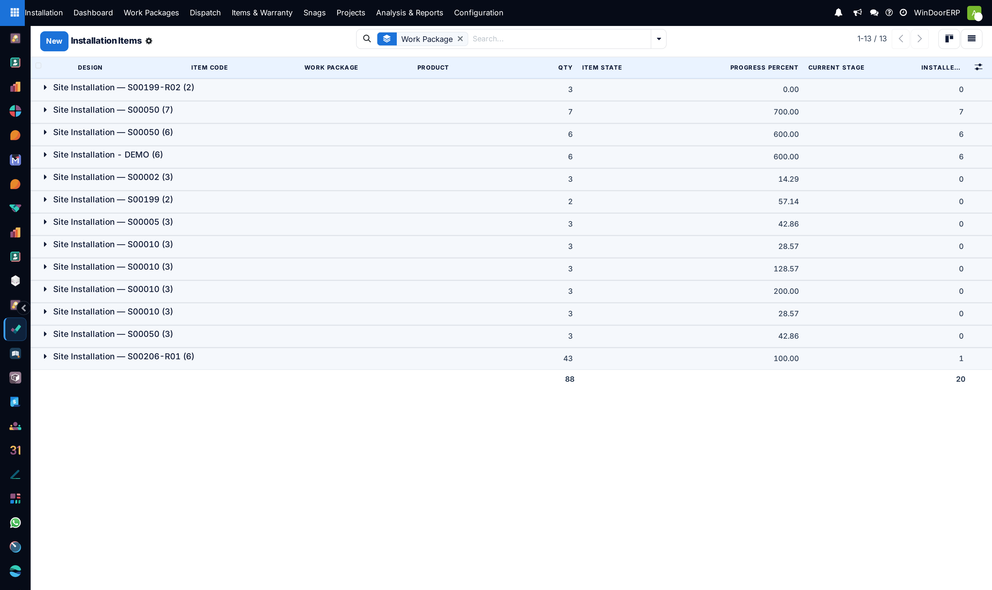 Installed window units registry list showing serial numbers, room tags, and completion states